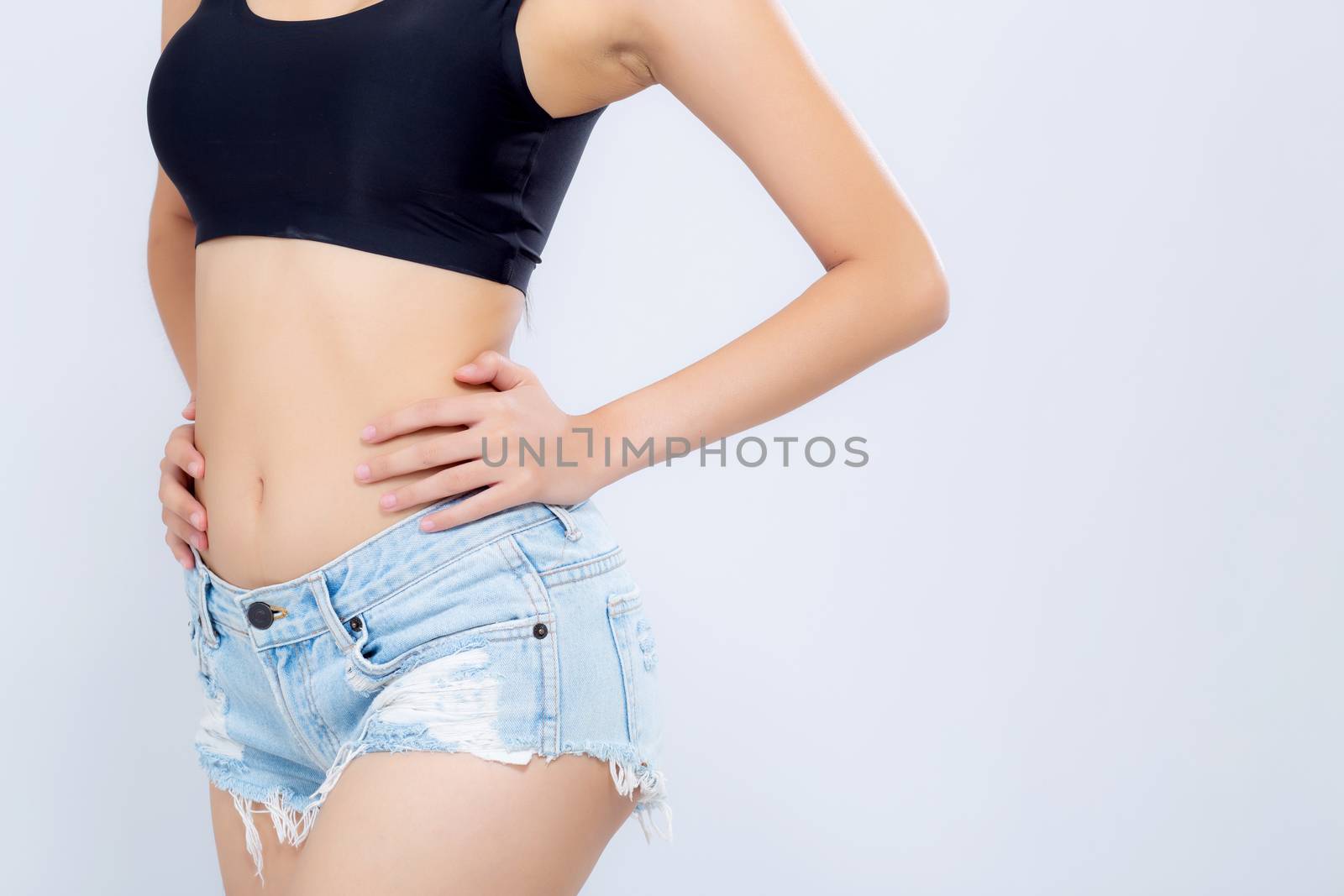 Closeup asian woman beautiful body diet with fit isolated on white background, model girl weight slim with cellulite or calories, health and wellness concept.