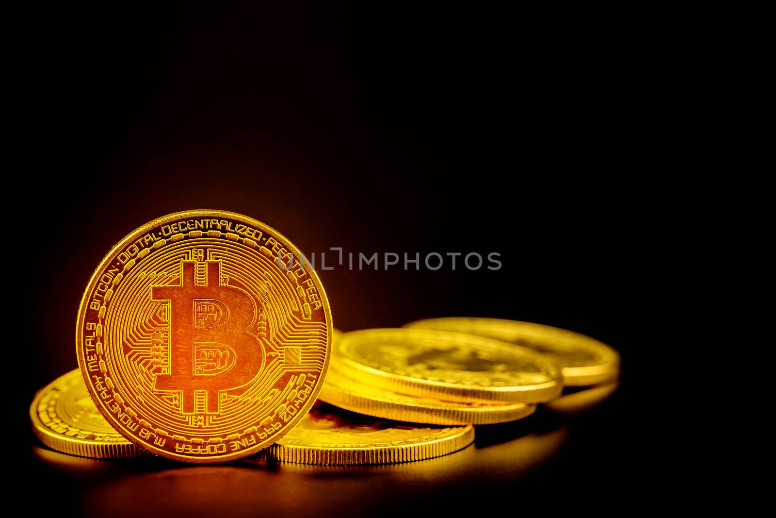 Golden bitcoin is currency digital money with crypto, coin with trade isolated on black background, business and finance concept.