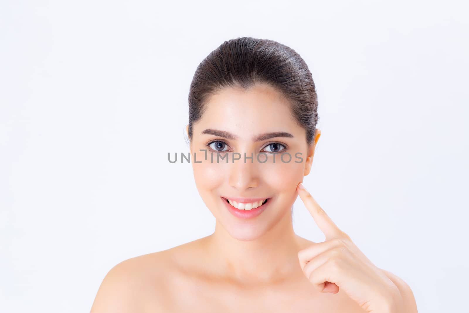 Portrait of beautiful woman asian makeup of cosmetic, girl hand touch cheek and smile attractive, face of beauty perfect with wellness isolated on white background with skin healthcare concept.