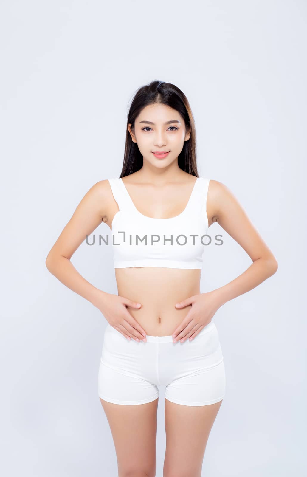 Portrait young asian woman smiling beautiful body diet with fit isolated on white background, model girl weight slim with cellulite or calories, health and wellness concept.