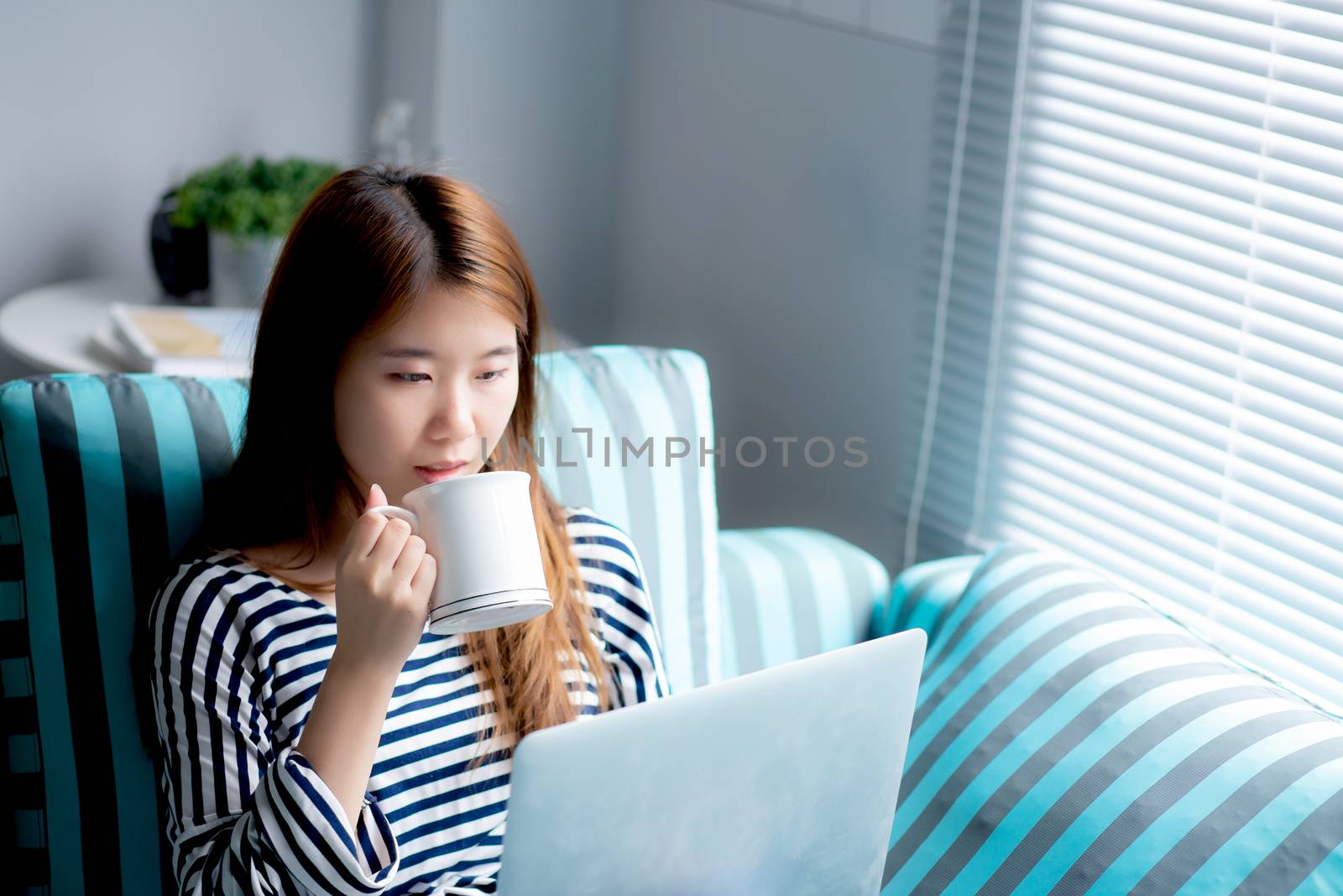 Beautiful of portrait young asian woman sitting use credit card with laptop and drink coffee, Content girl shopping online and payment with notebook computer on sofa, lifestyle concept.