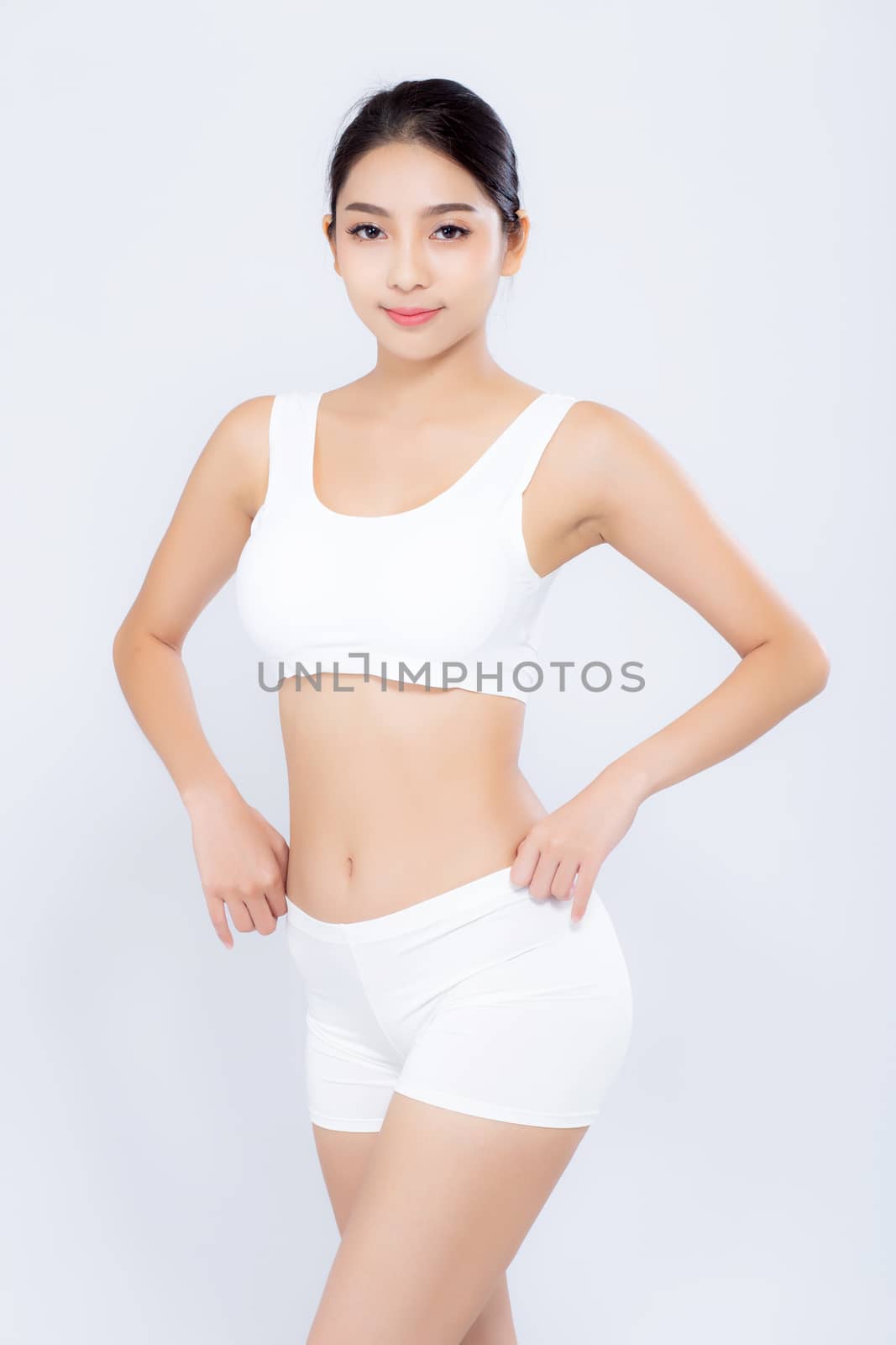Portrait young asian woman smiling beautiful body diet with fit isolated on white background, model girl weight slim with cellulite or calories, health and wellness concept.