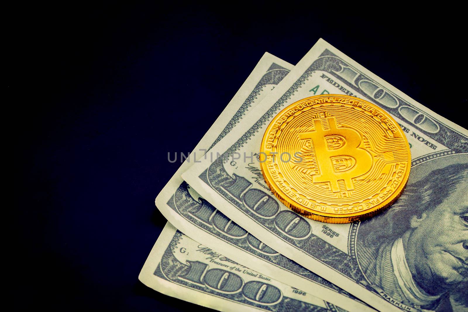 Gold bitcoin on us dollar with currency virtual digital, finance and money, business market concept.