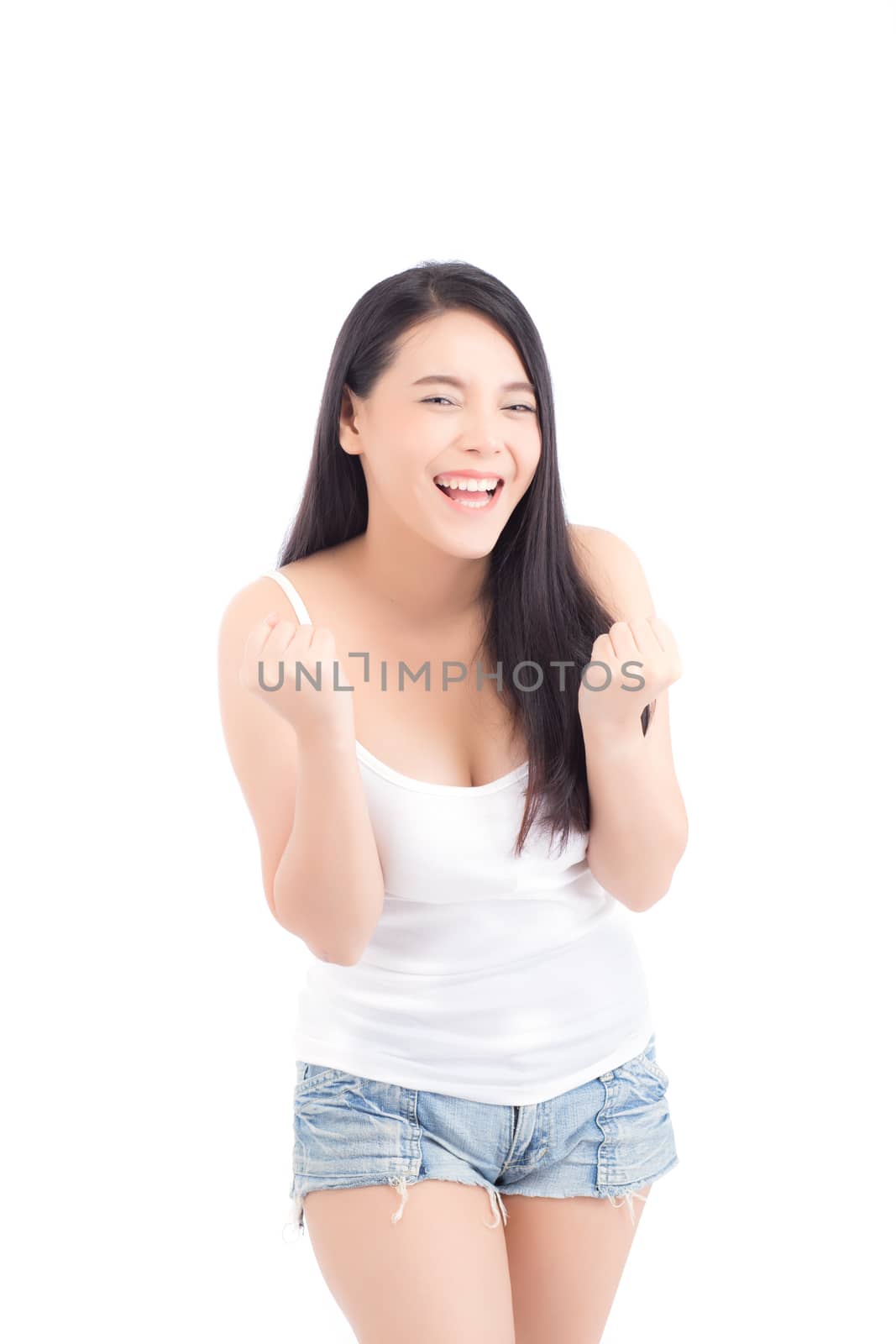 Portrait of beautiful asian woman makeup of cosmetic, beauty of girl with face smile and gesture glad attractive isolated on white background, success perfect with wellness and healthcare concept.