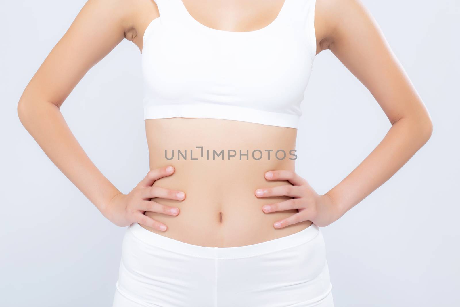 Closeup asian woman beautiful body diet with fit isolated on white background, model girl weight slim with cellulite or calories, health and wellness concept.
