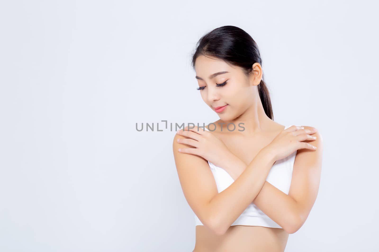 Portrait young asian woman smiling beautiful body diet with fit isolated on white background, model girl weight slim with cellulite or calories, health and wellness concept.