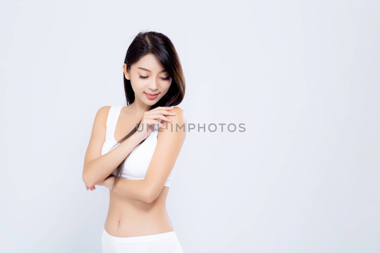 Portrait young asian woman smiling beautiful body diet with fit isolated on white background, model girl weight slim with cellulite or calories, health and wellness concept.