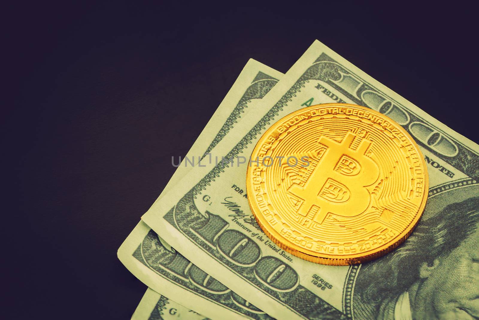 Gold bitcoin on us dollar with currency virtual digital, finance and money, business market concept.