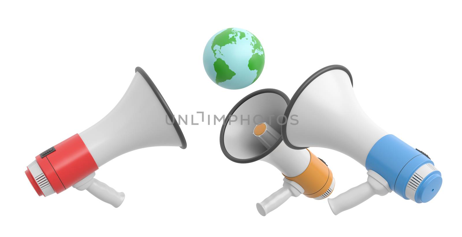 Red, Blue and Yellow Megaphones around the Earth Isolated on White Background 3D Illustration, Propaganda Concept