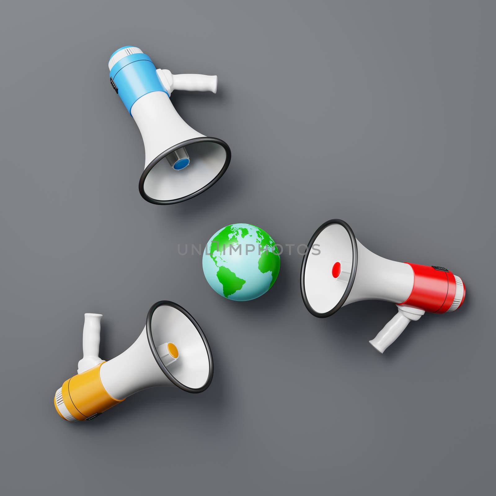 Red, Blue and Yellow Megaphones around the World on Dark Gray Background 3D Illustration, Propaganda Concept