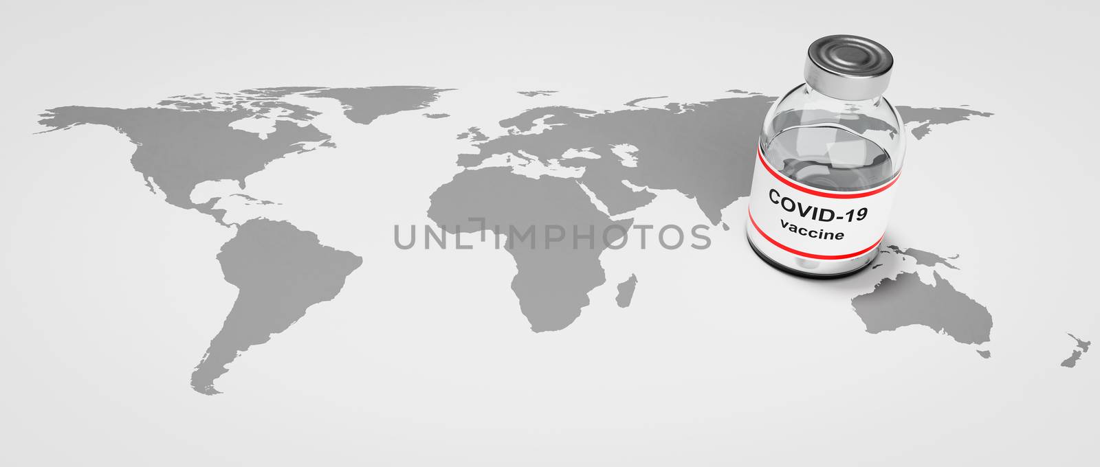 World Map with One Coronavirus Vaccine Bottle 3D Illustration, Vaccine Global Availability Concept