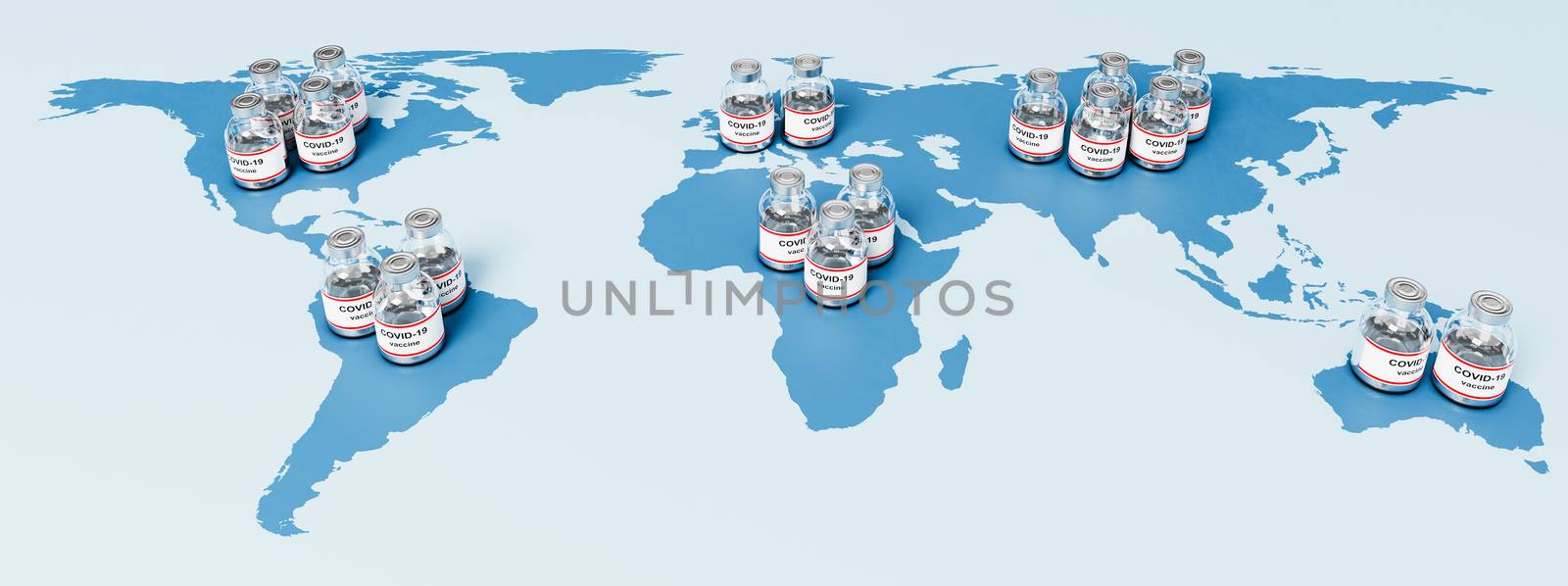 World Map with Many Coronavirus Vaccine Bottles 3D Illustration, Vaccine Global Production, Availability and Distribution Concept