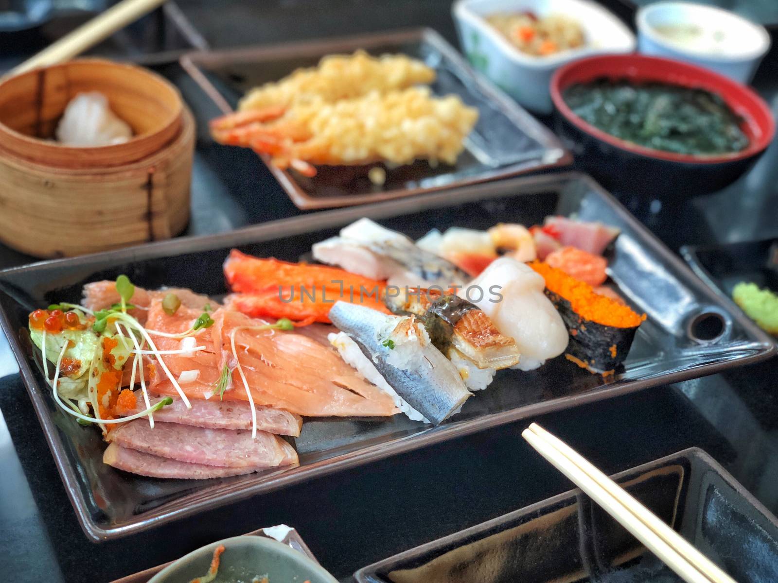 Japanese food sasimi, sushi and tempura by Surasak