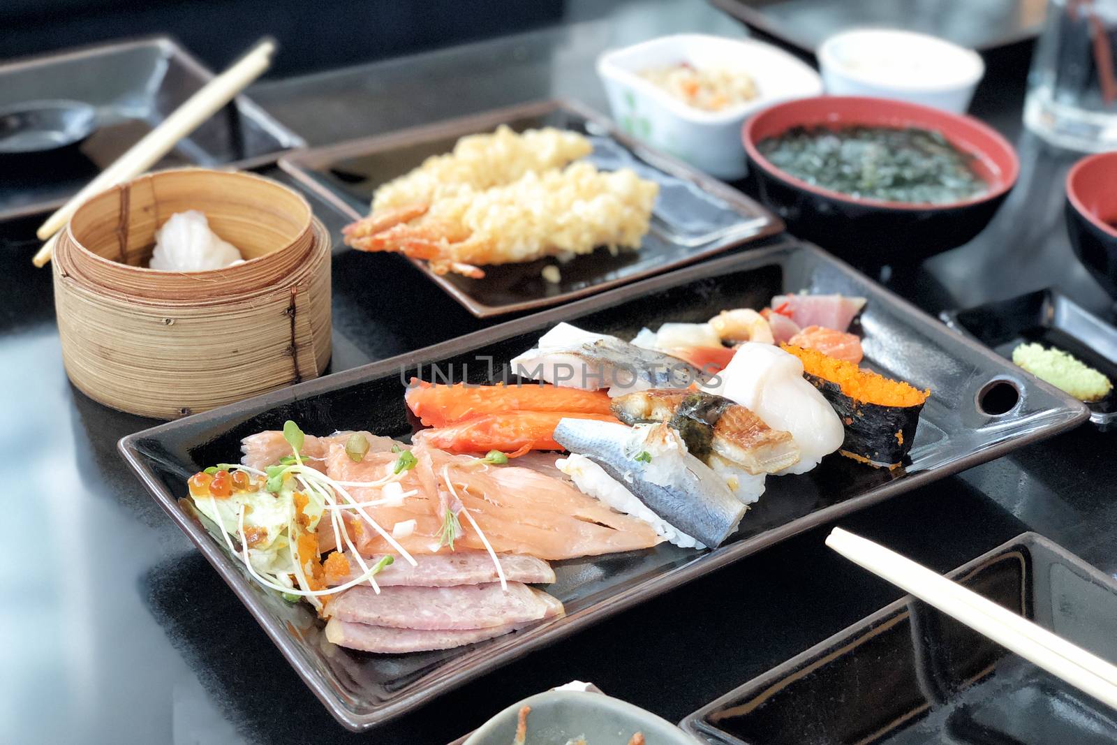 Japanese food sasimi, sushi and tempura by Surasak