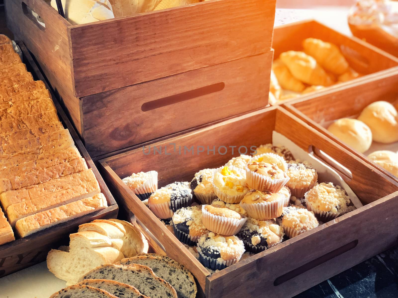 Different kind of craft bread in morning breakfast by Surasak