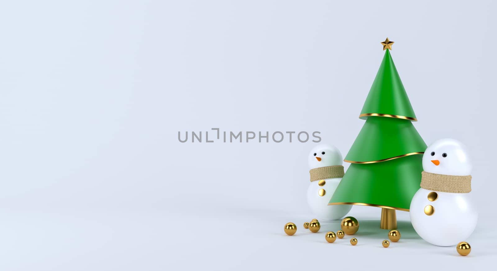 Christmas tree scene concept decoration and snowman with empty space for text. 3d rendering