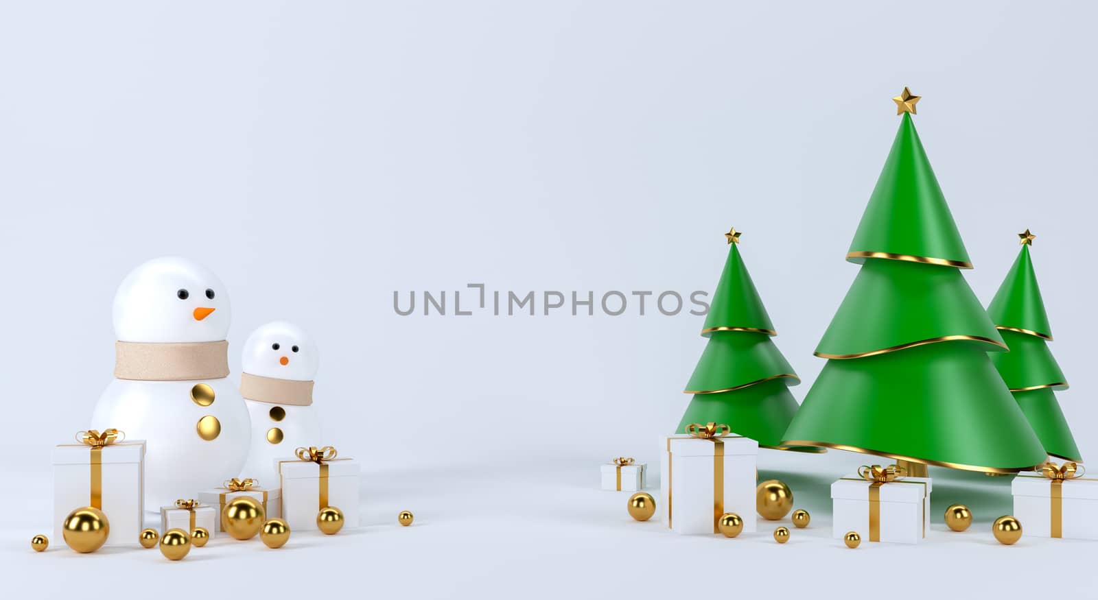 Christmas tree scene concept decoration and snowman with empty space for text. 3d rendering