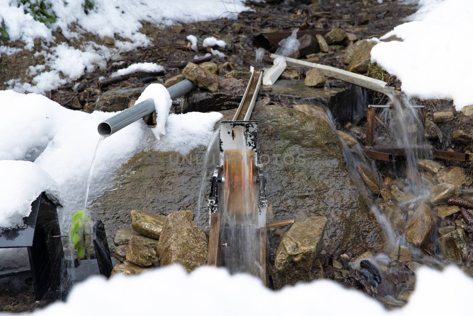mountain stream in the forest in winter.