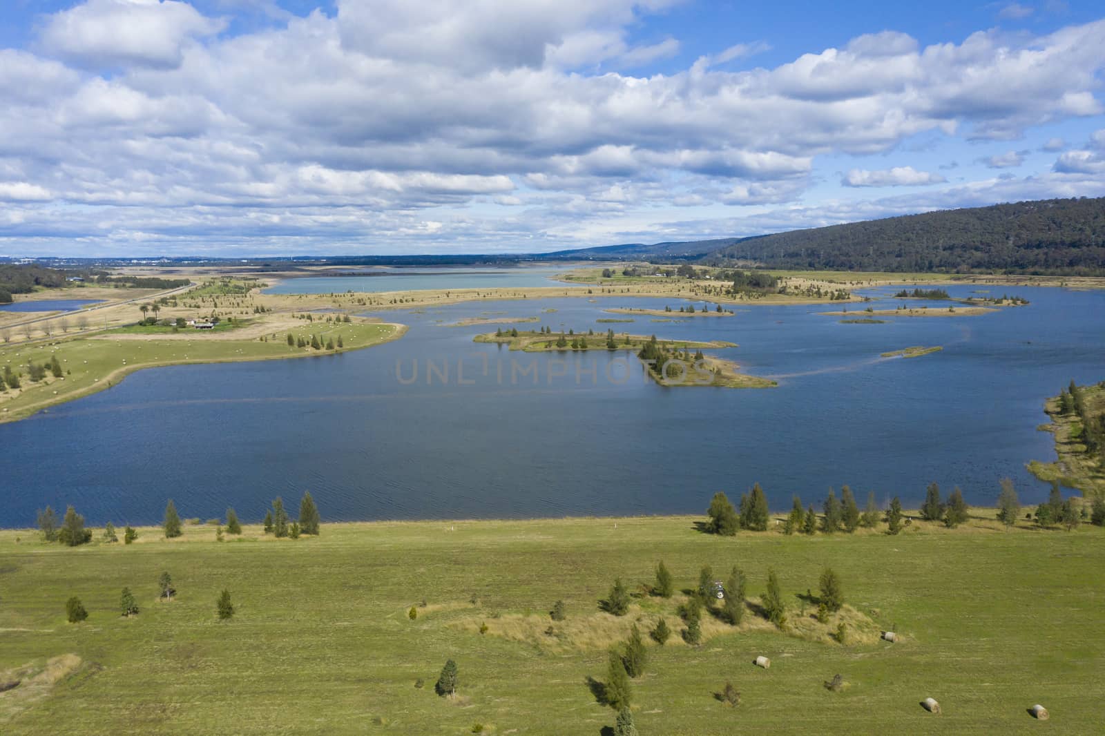 Aerial photograph of a large fresh water reservoir near Castlereagh in New South Wales in Regional Australia