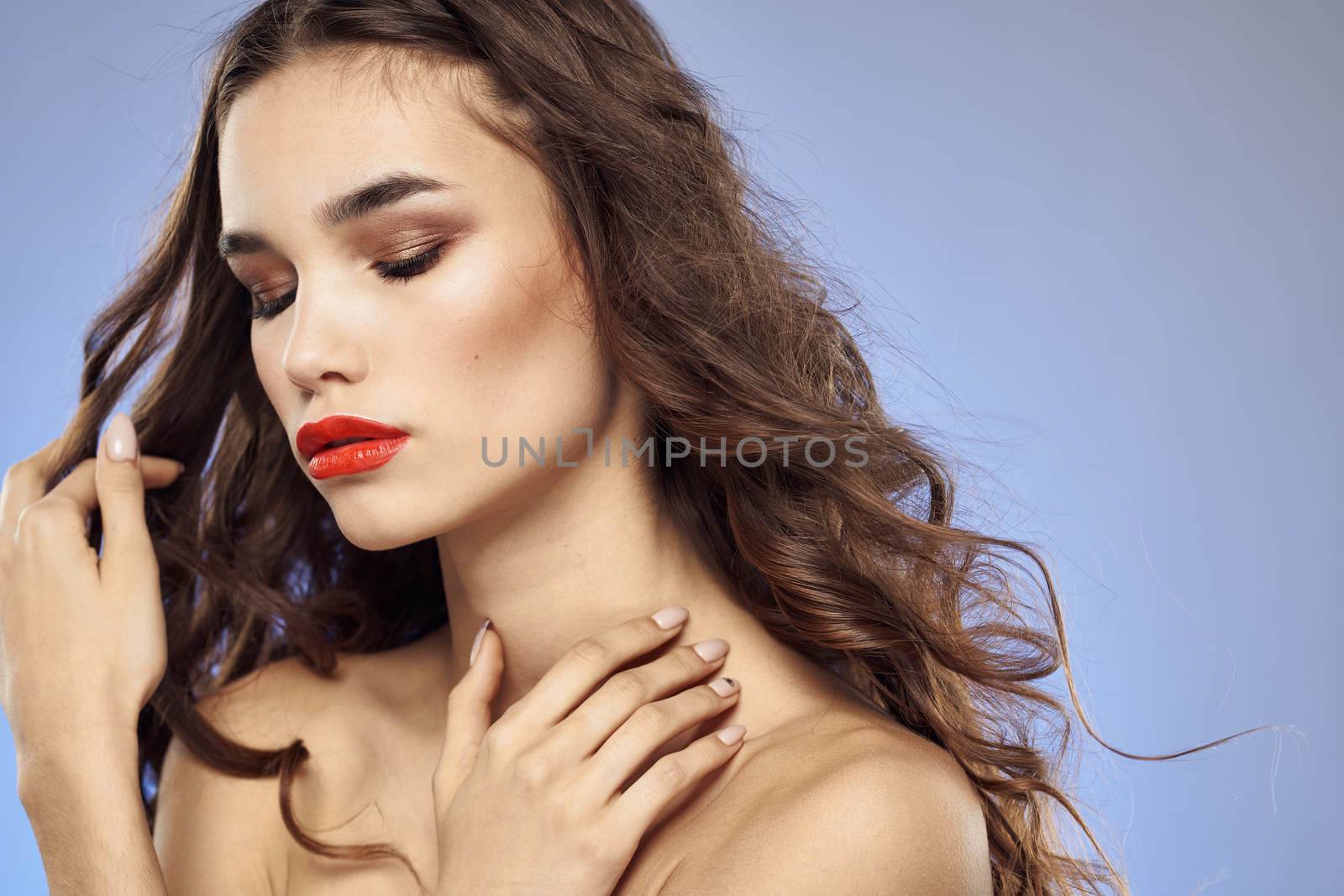 Woman fashionable hairstyle bared shoulders attractive view luxury model student. High quality photo