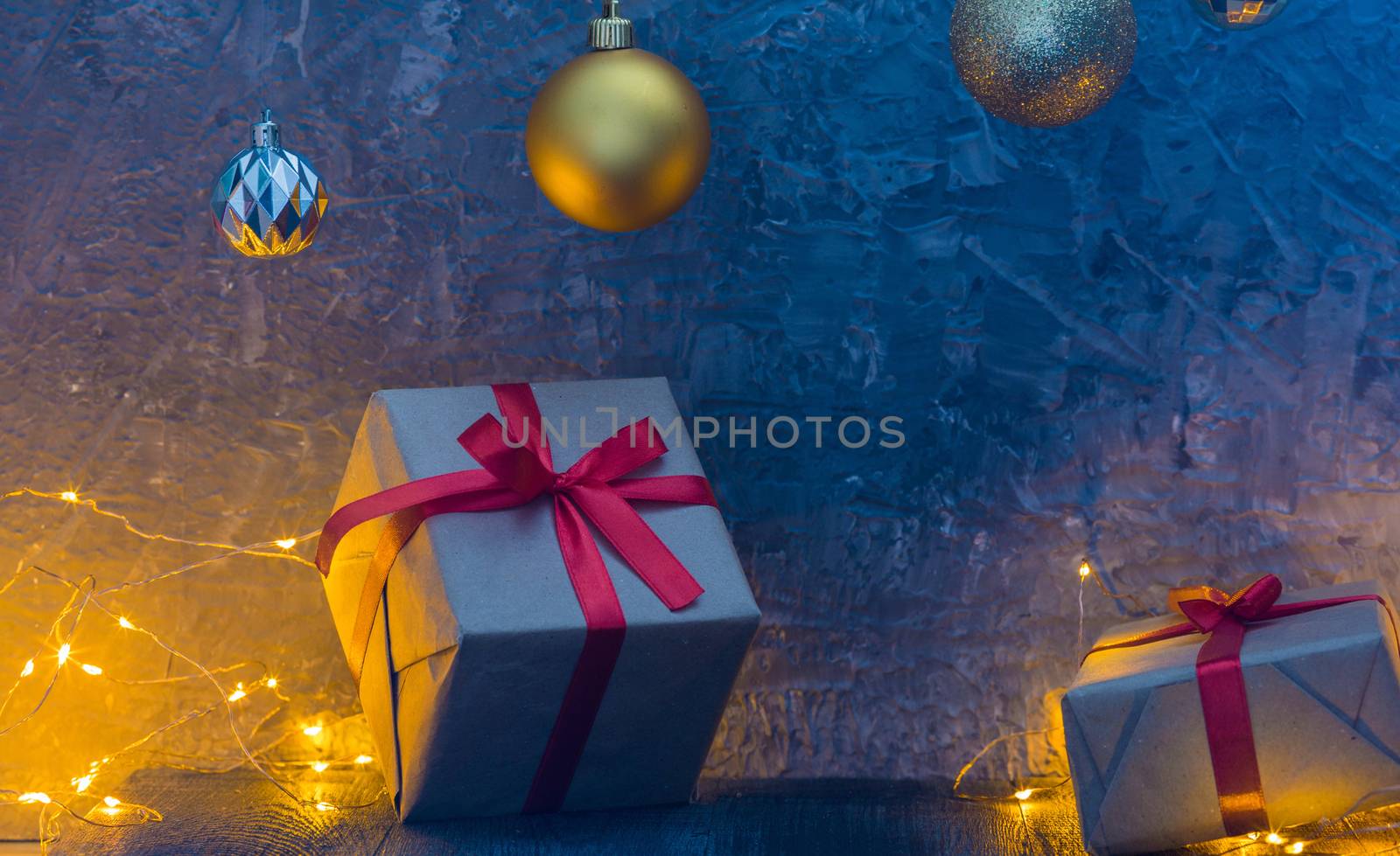 Merry christmas holiday composition with gift box and garland decor. by galinasharapova
