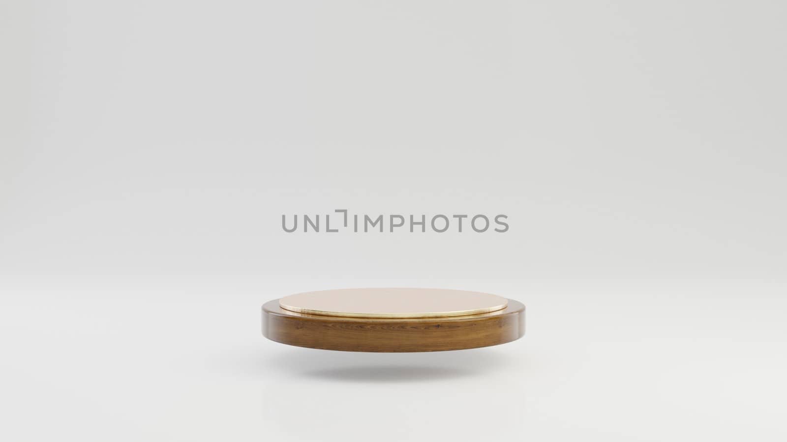 Levitating round wooden podium with gold top isolated on white background. 3d rendered minimalistic abstract background concept for product placement.