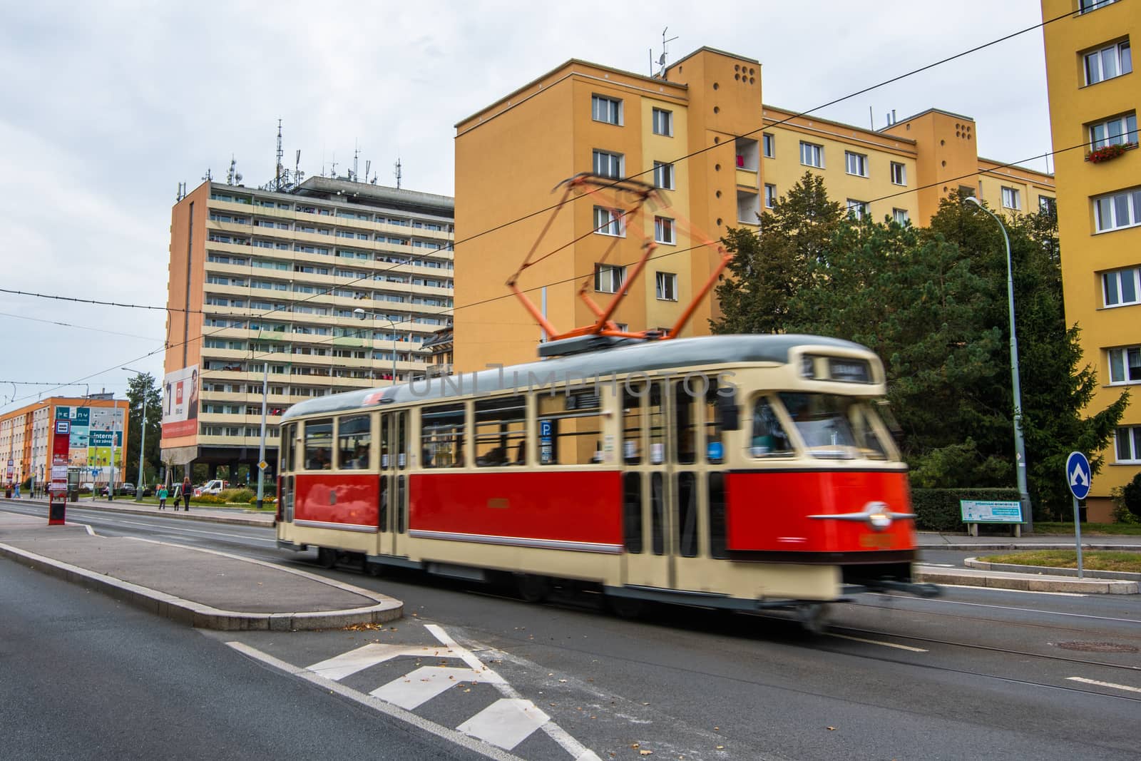 10/10/2020. Prague, Czech Republic. Tram is crossing concrete building blocks built during the communist era. by gonzalobell