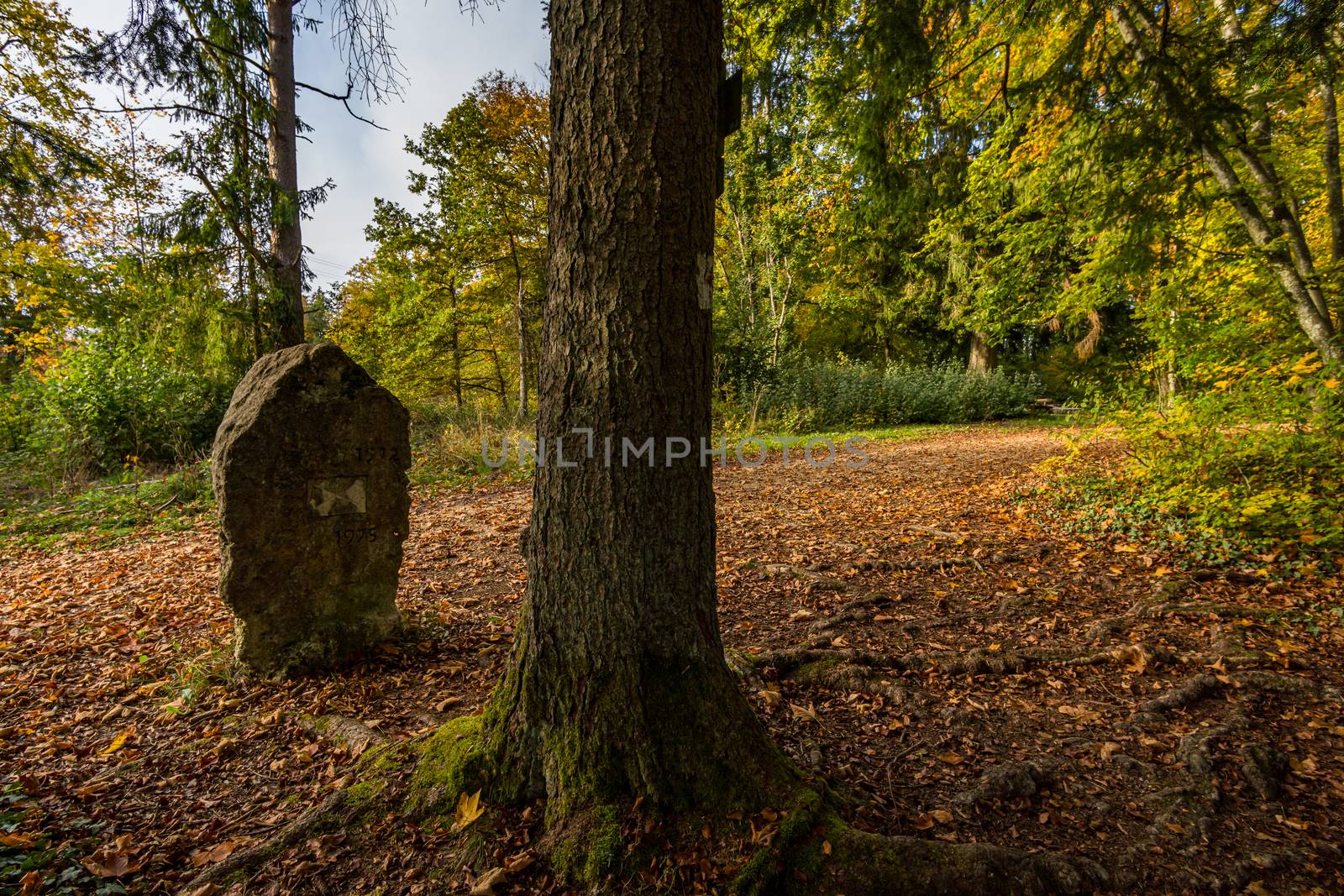 Historic boundary stone between Prussia and Baden Wurttemberg on a hike in the Danube Valley in autumn near Beuron