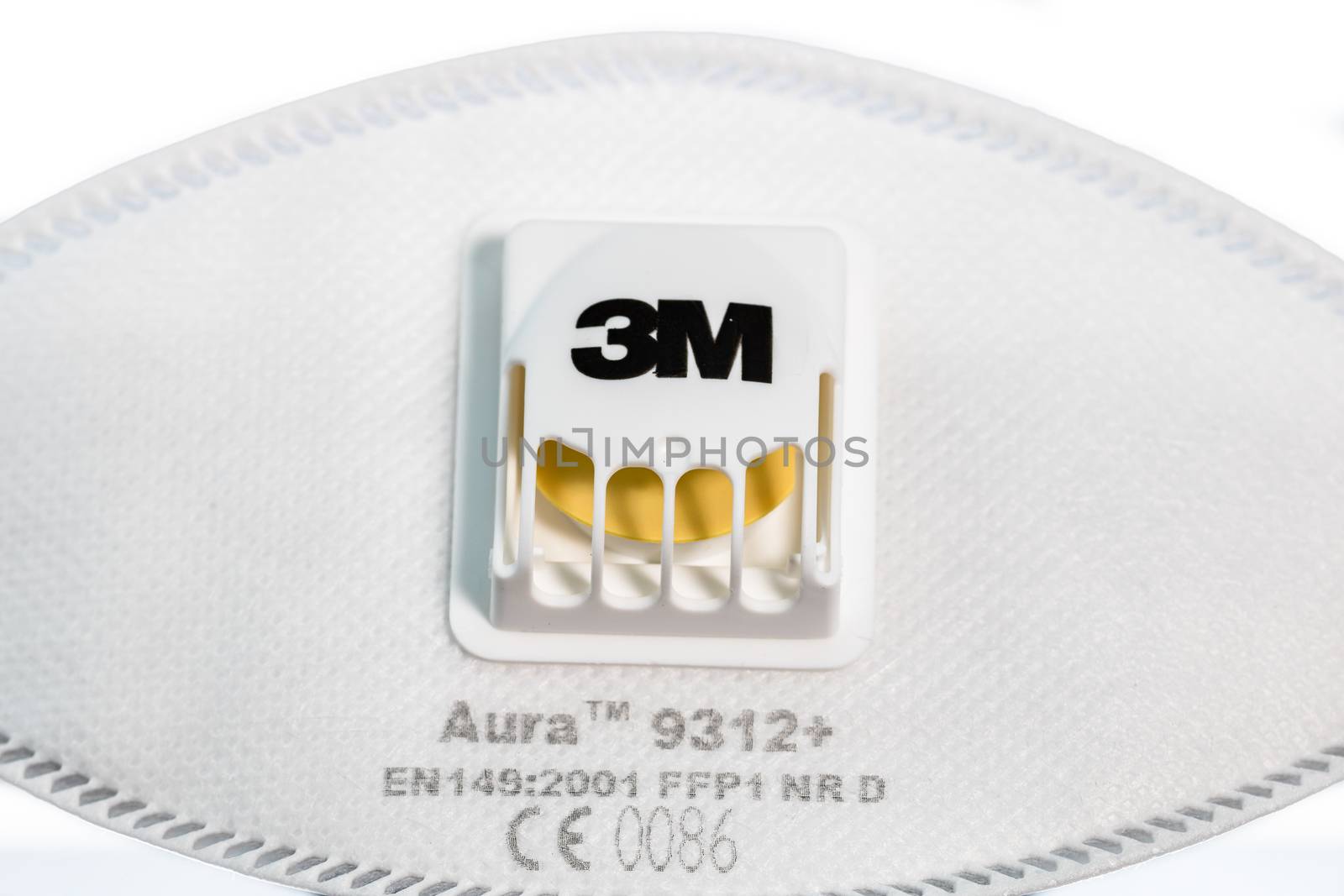 3M Aura filtering respirator face mask. Isolated medical mask in Bucharest, Romania, 2020