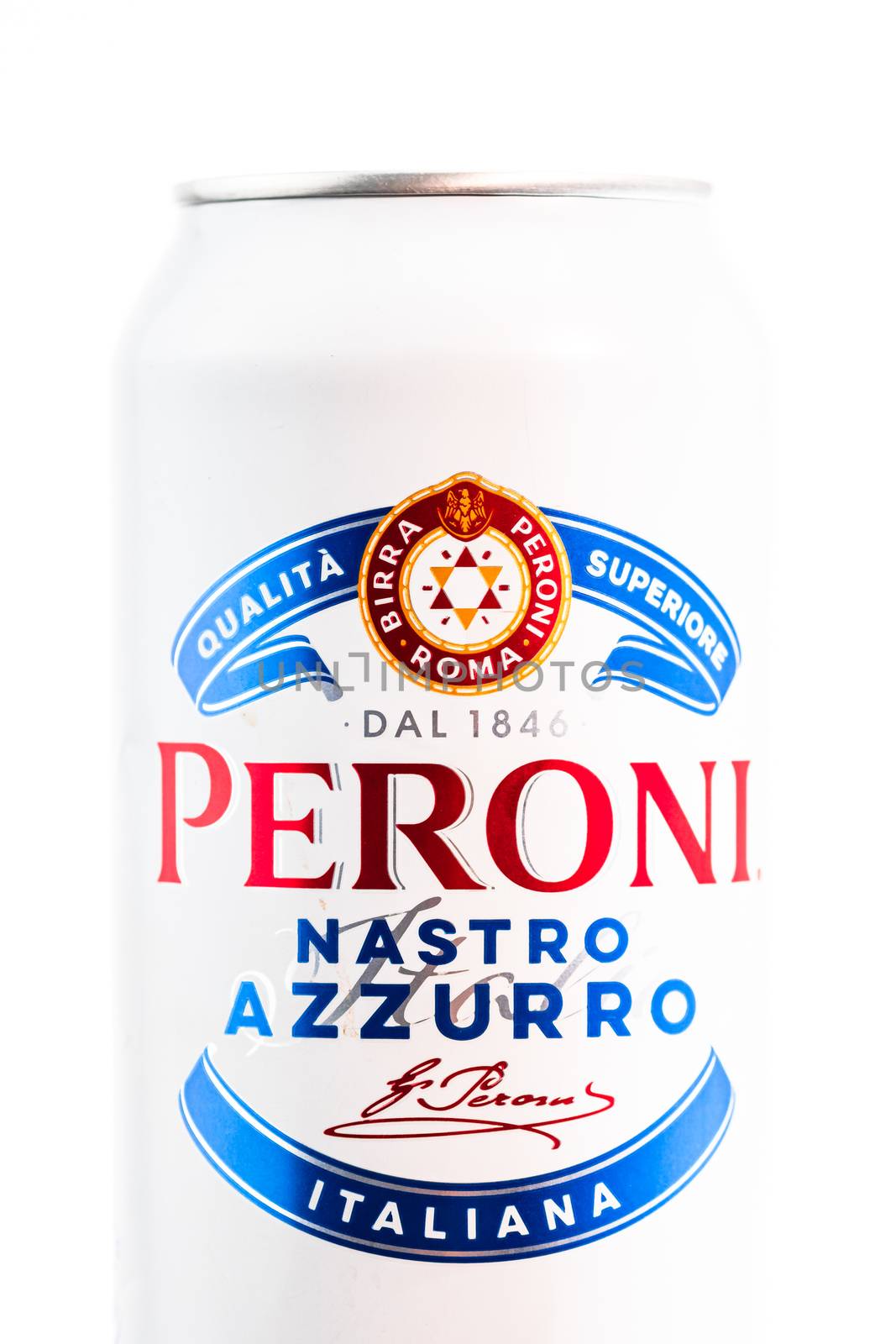Peroni Nastro Azzurro, a premium lager beer produced since 1963 by Peroni Brewery located in Rome, Italy. Studio photo shoot in Bucharest, Romania, 2020