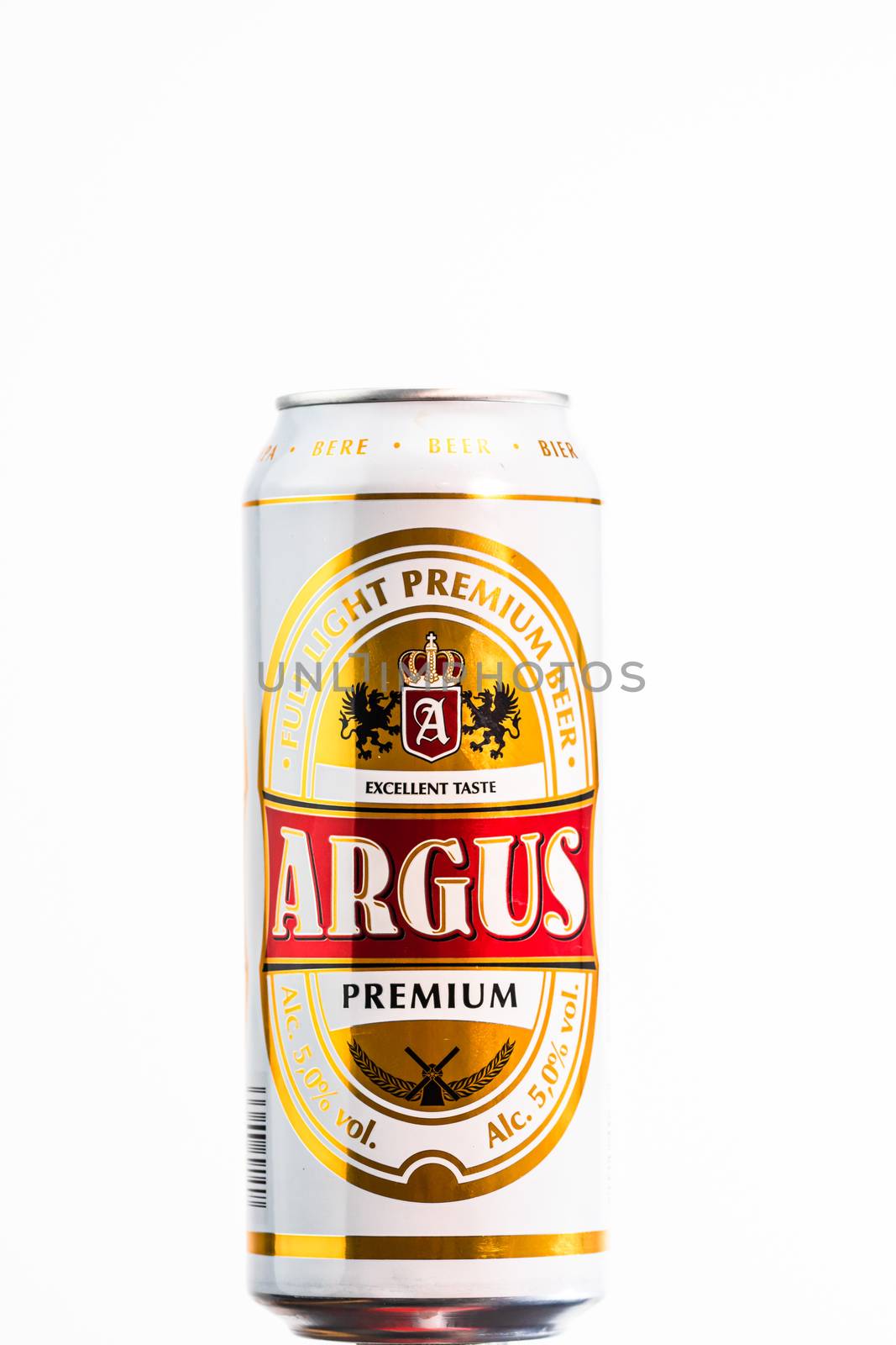 Argus Premium Lager beer. Lild supermarket own brand beer. Studio photo shoot in Bucharest, Romania, 2020