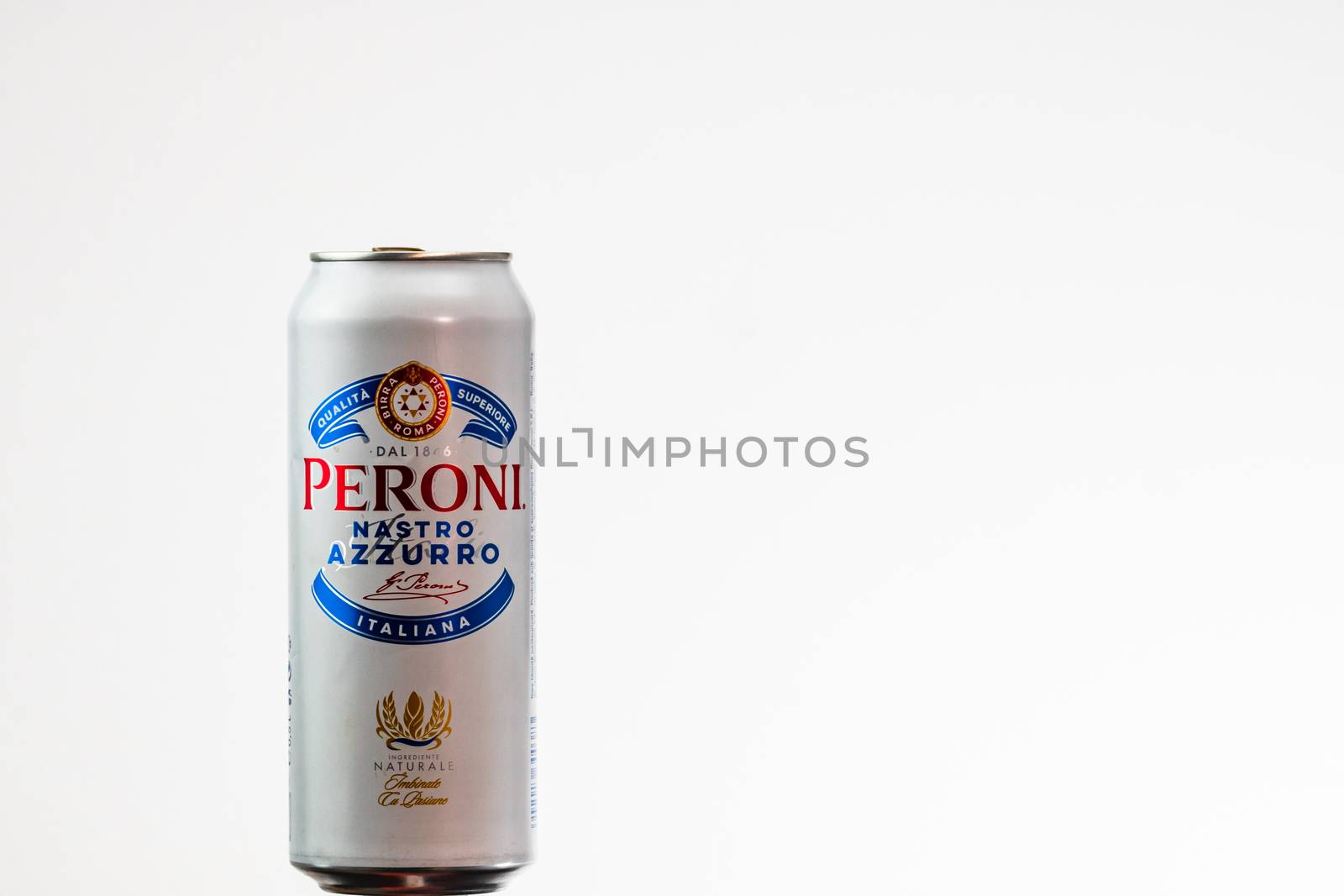 Peroni Nastro Azzurro, a premium lager beer produced since 1963 by Peroni Brewery located in Rome, Italy. Studio photo shoot in Bucharest, Romania, 2020