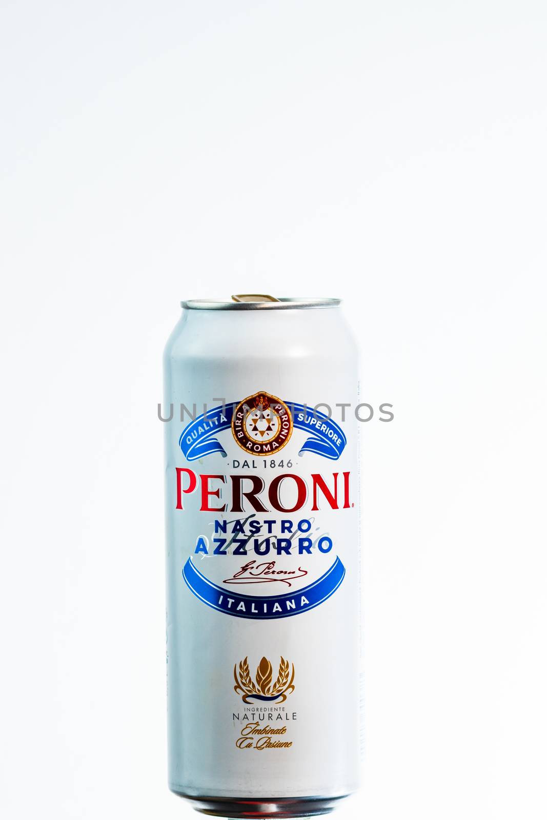 Peroni Nastro Azzurro, a premium lager beer produced since 1963 by Peroni Brewery located in Rome, Italy. Studio photo shoot in Bucharest, Romania, 2020