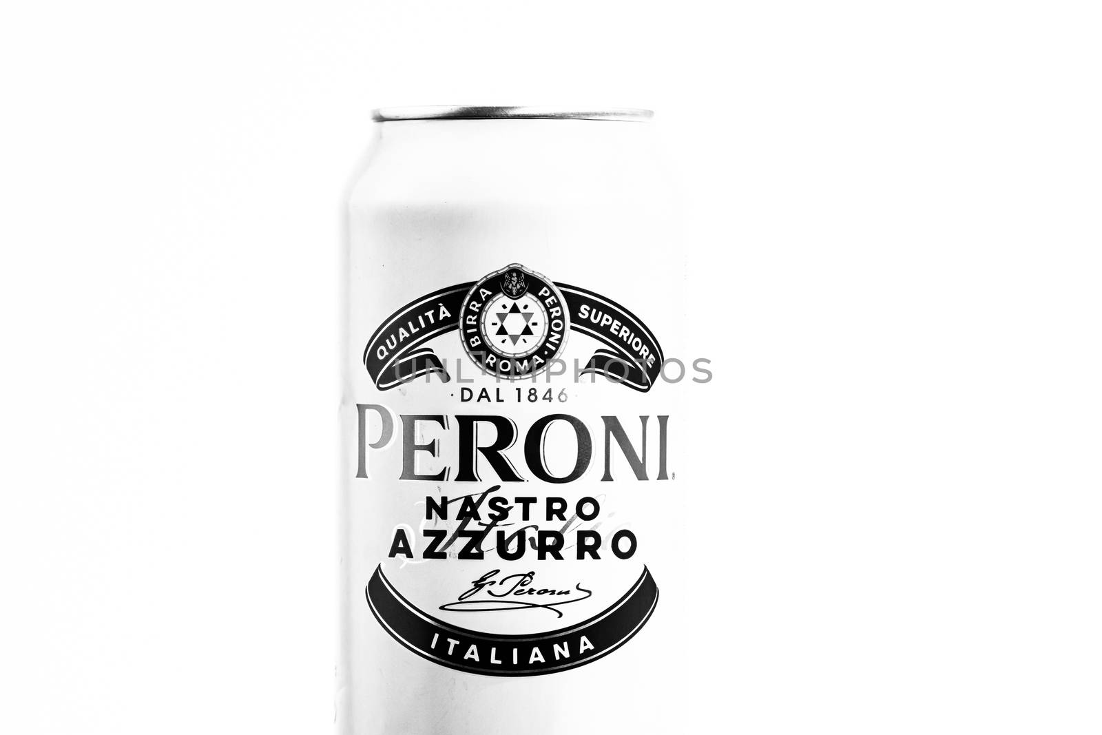 Peroni Nastro Azzurro, a premium lager beer produced since 1963 by Peroni Brewery located in Rome, Italy. Studio photo shoot in Bucharest, Romania, 2020
