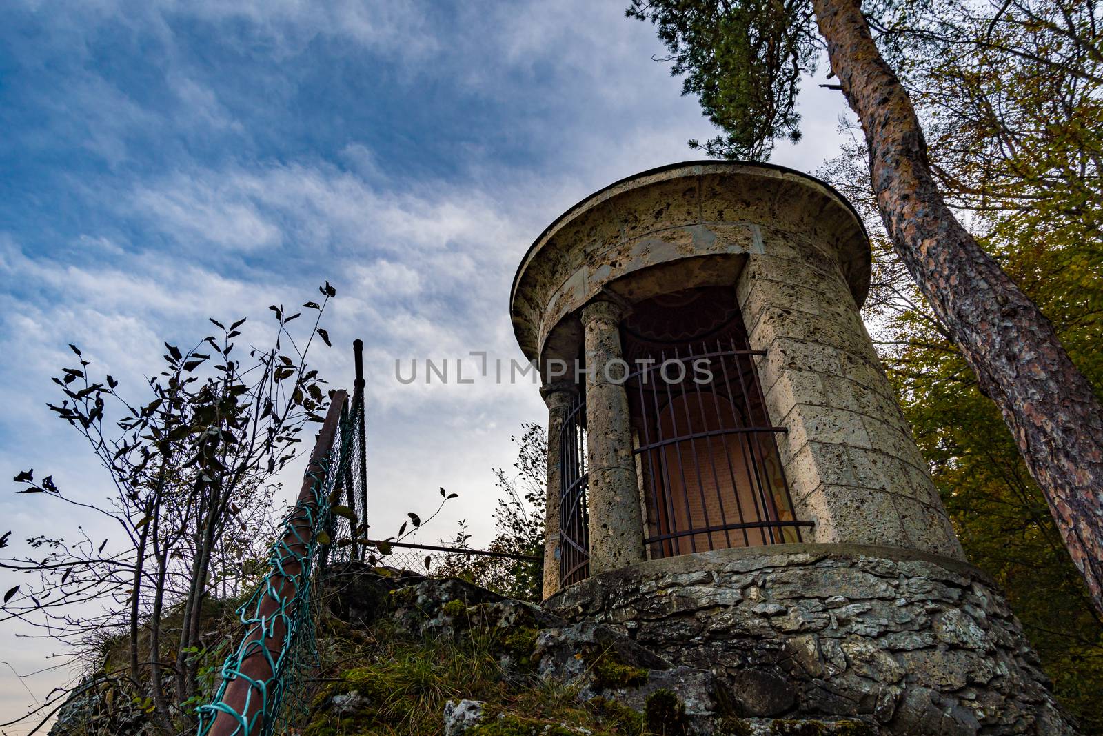 Viewpoint at the temple of the military cemetery in the Danube valley near Beuron in autumn with a view of the monastery and the colorful valley