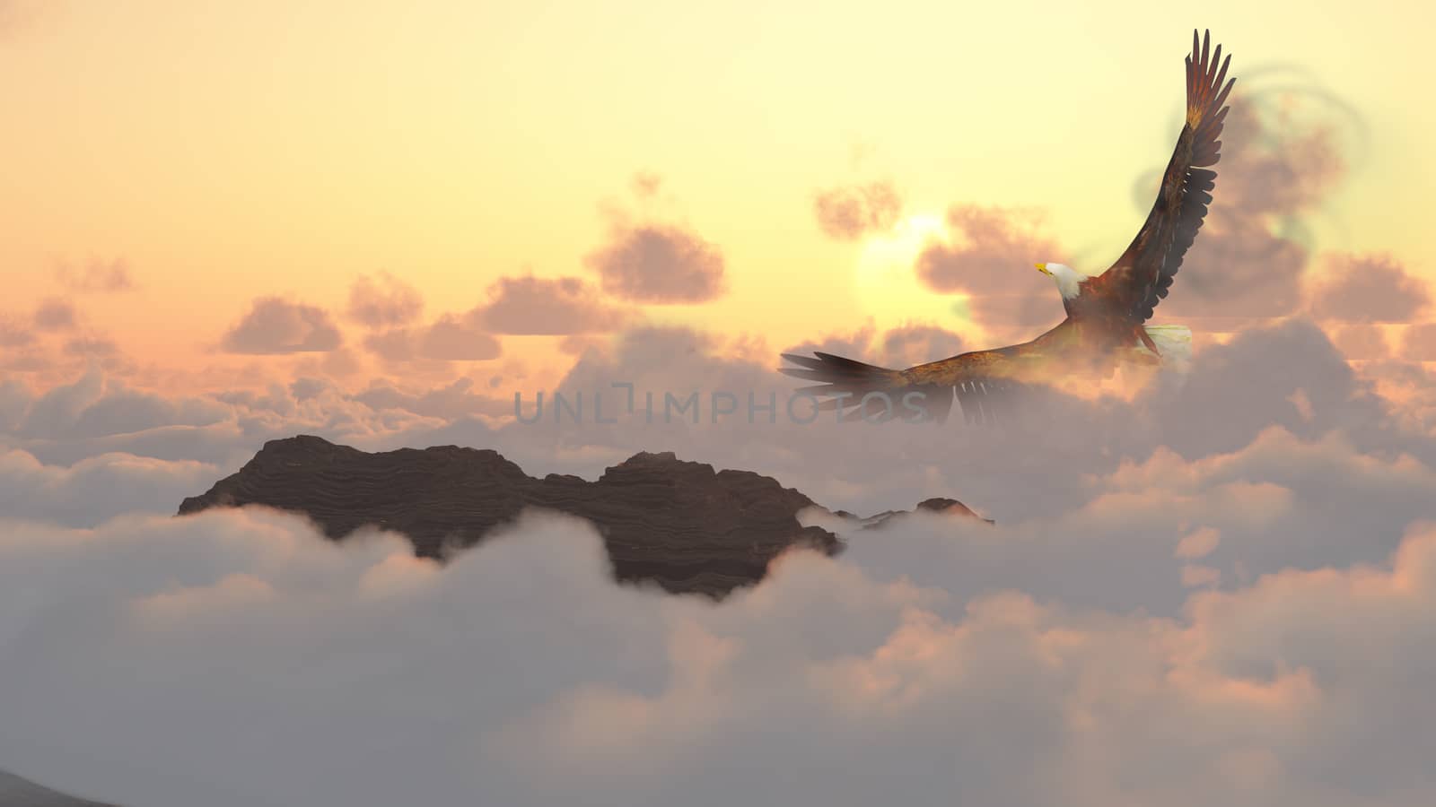 Mountain Sunrise. Eagle flies. 3D rendering