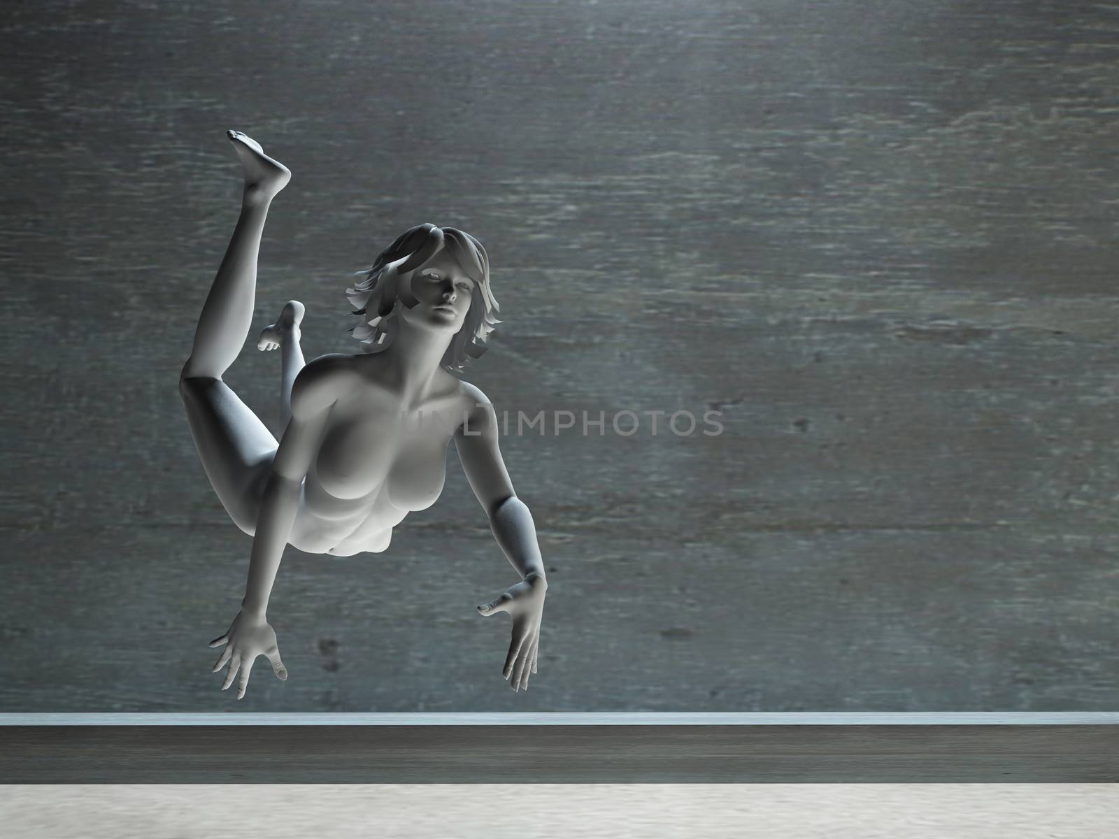 Woman in action pose. Statue of white stone. 3D rendering
