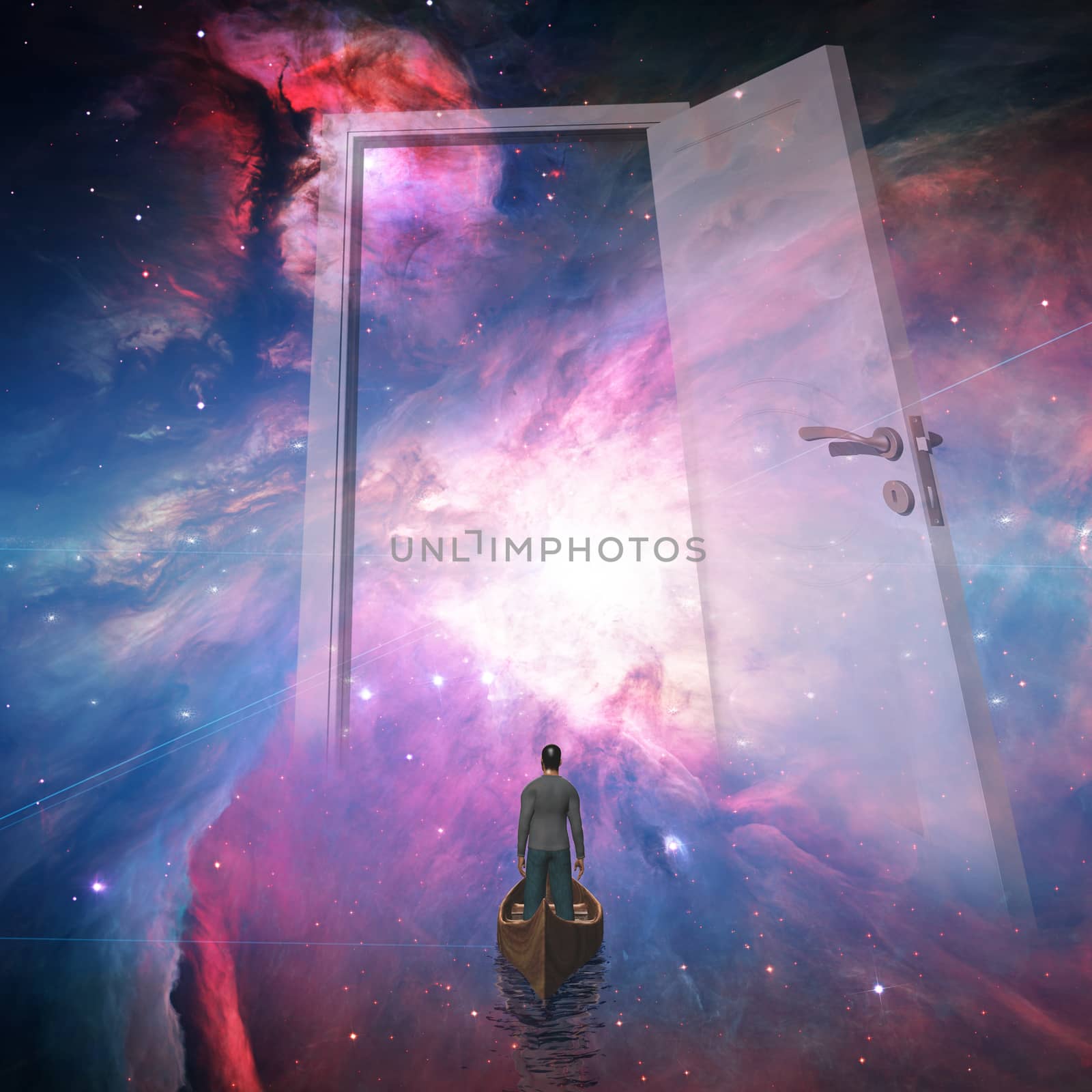 Traveller in boat floating in space. 3D rendering