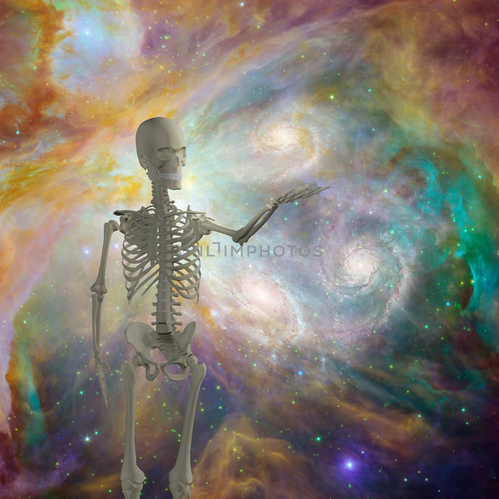 Skeleton holds light in deep space. 3D rendering