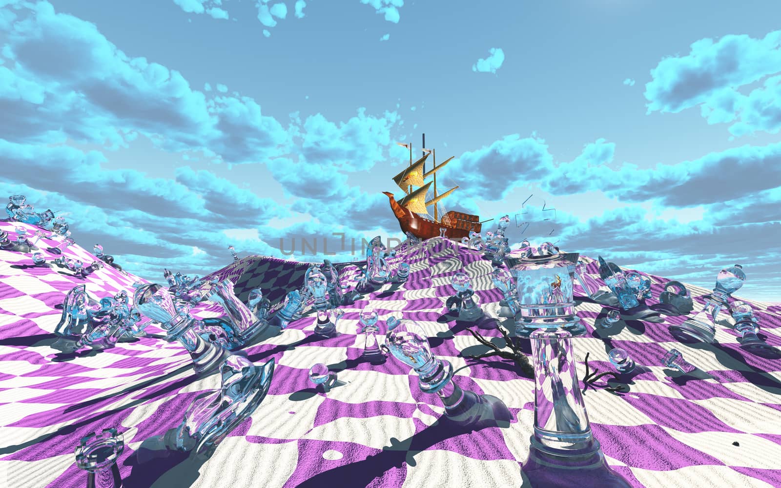 Vividly hued surreal checker board desert scene. 3D rendering