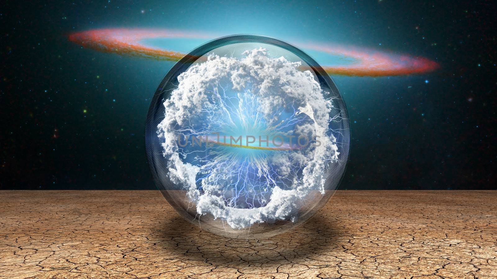 Surrealism. Splash of clouds and lightnings inside crystal ball. Galaxy disk on a background. 3D rendering