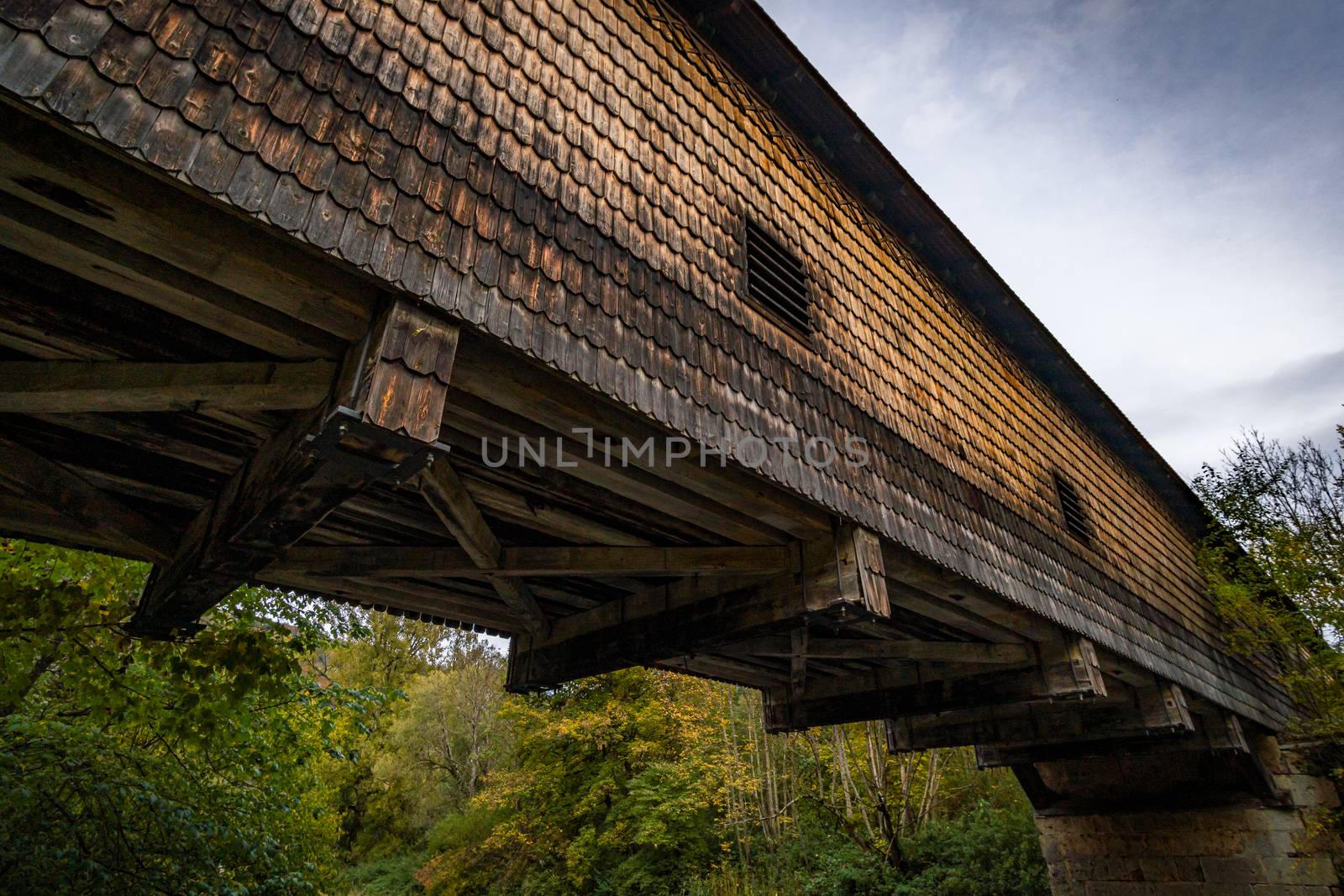 Historic wooden bridge at the hiking trail near the Beuron monastery in the Danube valley in the Sigmaringen district