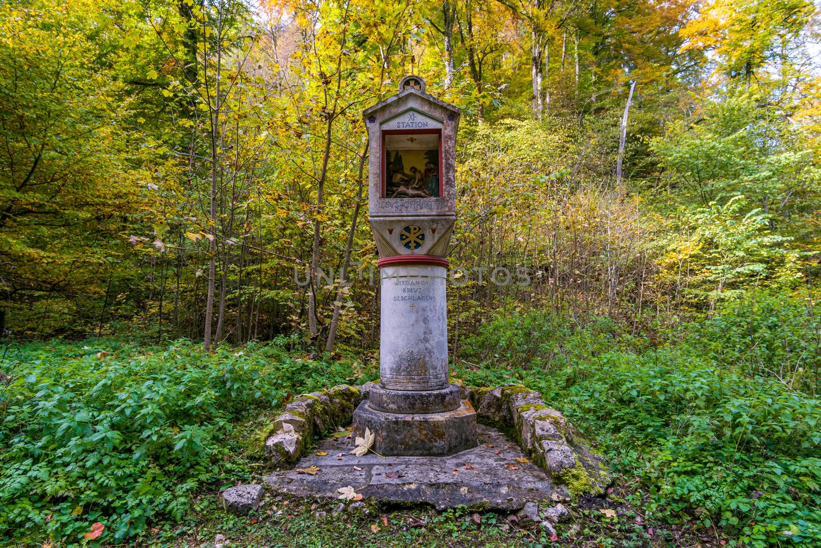 Holy Way of the Cross to the Lourdes Grotto, a pilgrimage site to the Chapel of the Mariengrotte in the Liebfrauental in the Danube Valley near Beuron