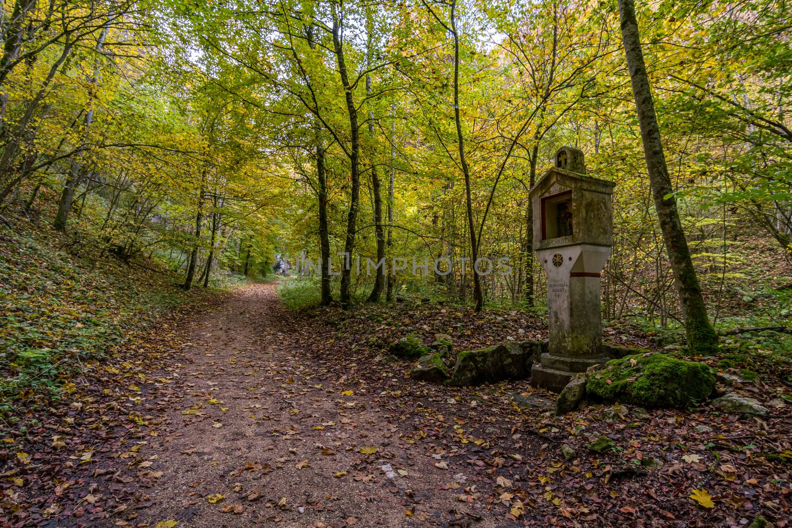 Holy Way of the Cross to the Lourdes Grotto, a pilgrimage site to the Chapel of the Mariengrotte in the Liebfrauental in the Danube Valley near Beuron