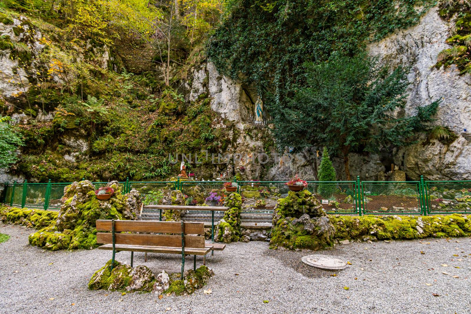 Holy Way of the Cross to the Lourdes Grotto, a pilgrimage site to the Chapel of the Mariengrotte in the Liebfrauental in the Danube Valley near Beuron