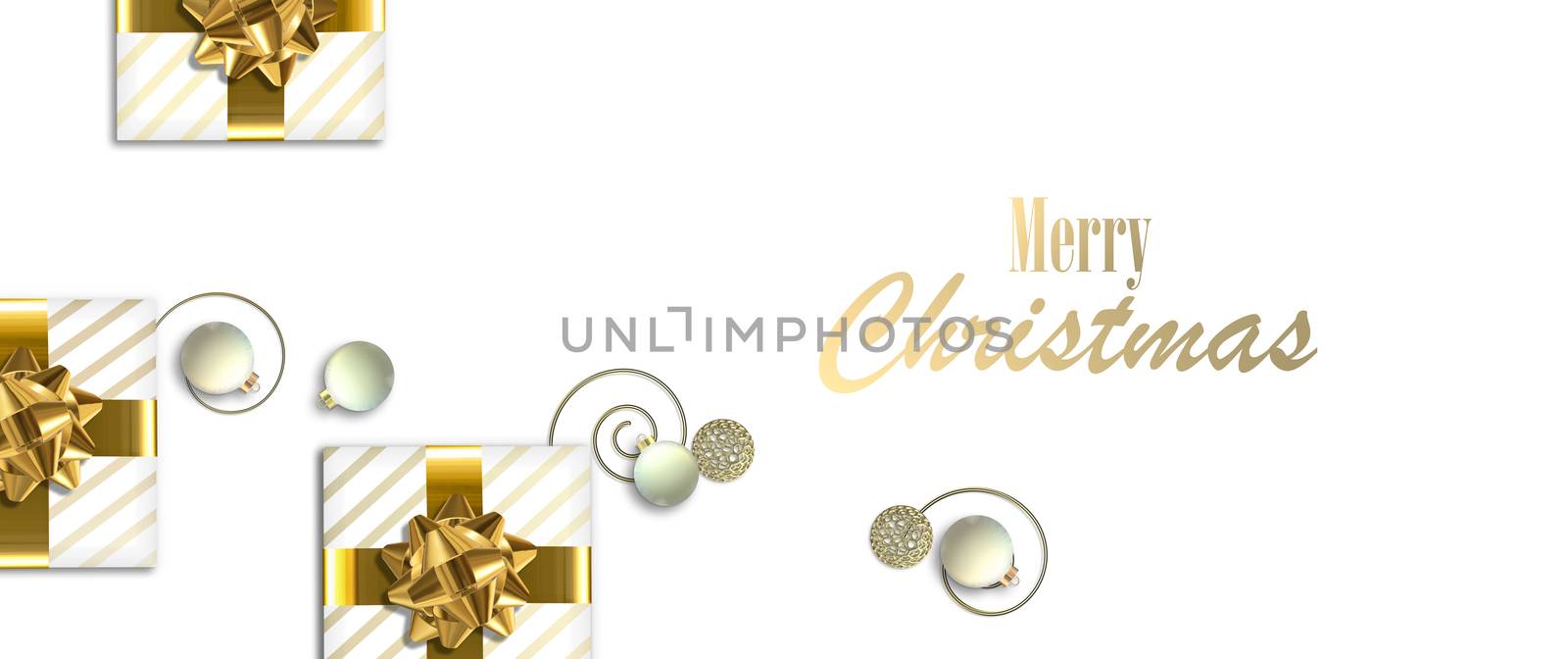 Holiday background on white. Xmas gift boxes with golden bow, Xmas balls baubles on white background. Text Merry Christmas. 3D illustration. Festive 3D Christmas flat lay design.