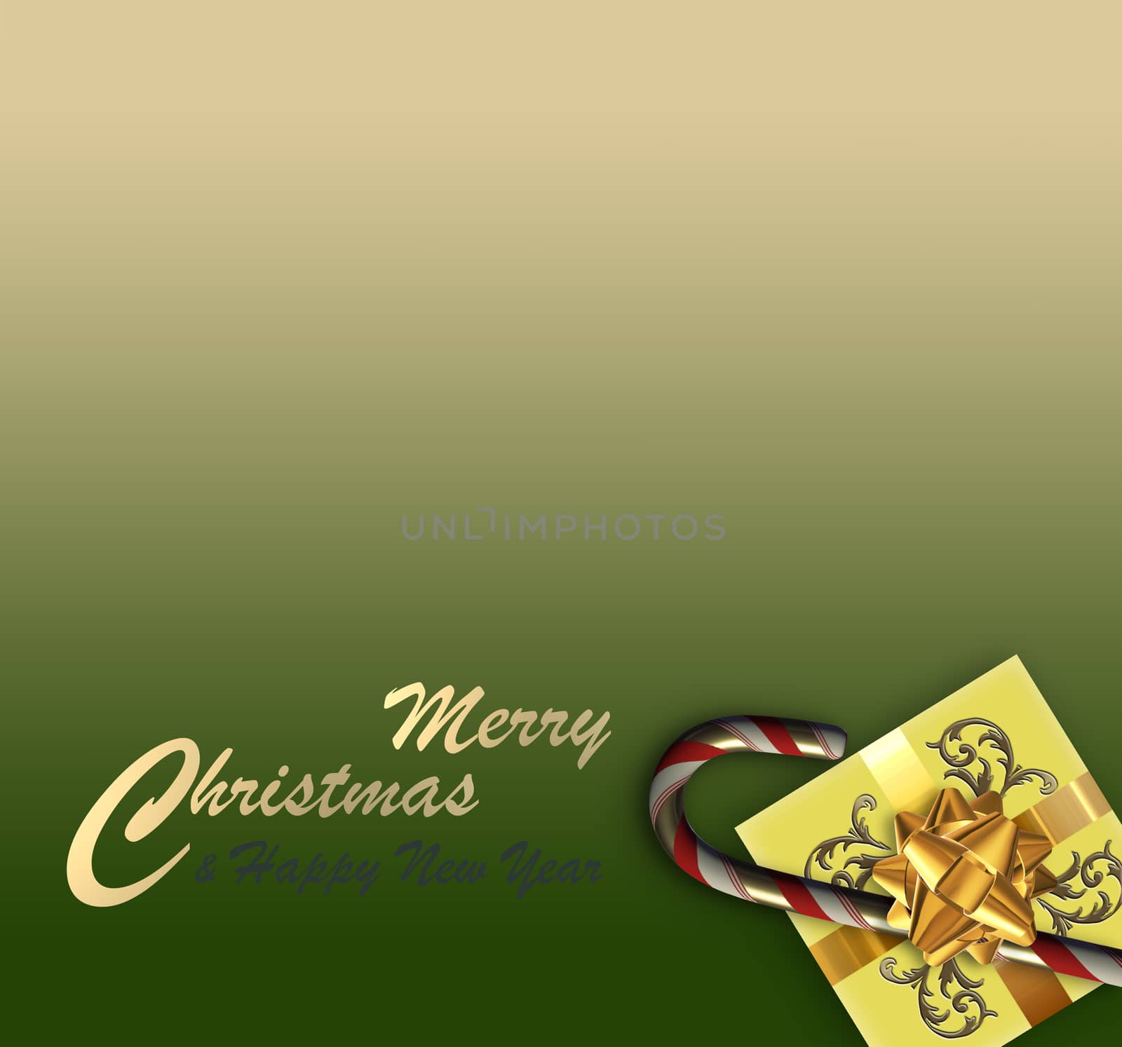 Merry Christmas design with realistic Xmas gift box and candy cane on green background. Gold text Merry Christmas Happy New Year. 3D render. Place for text