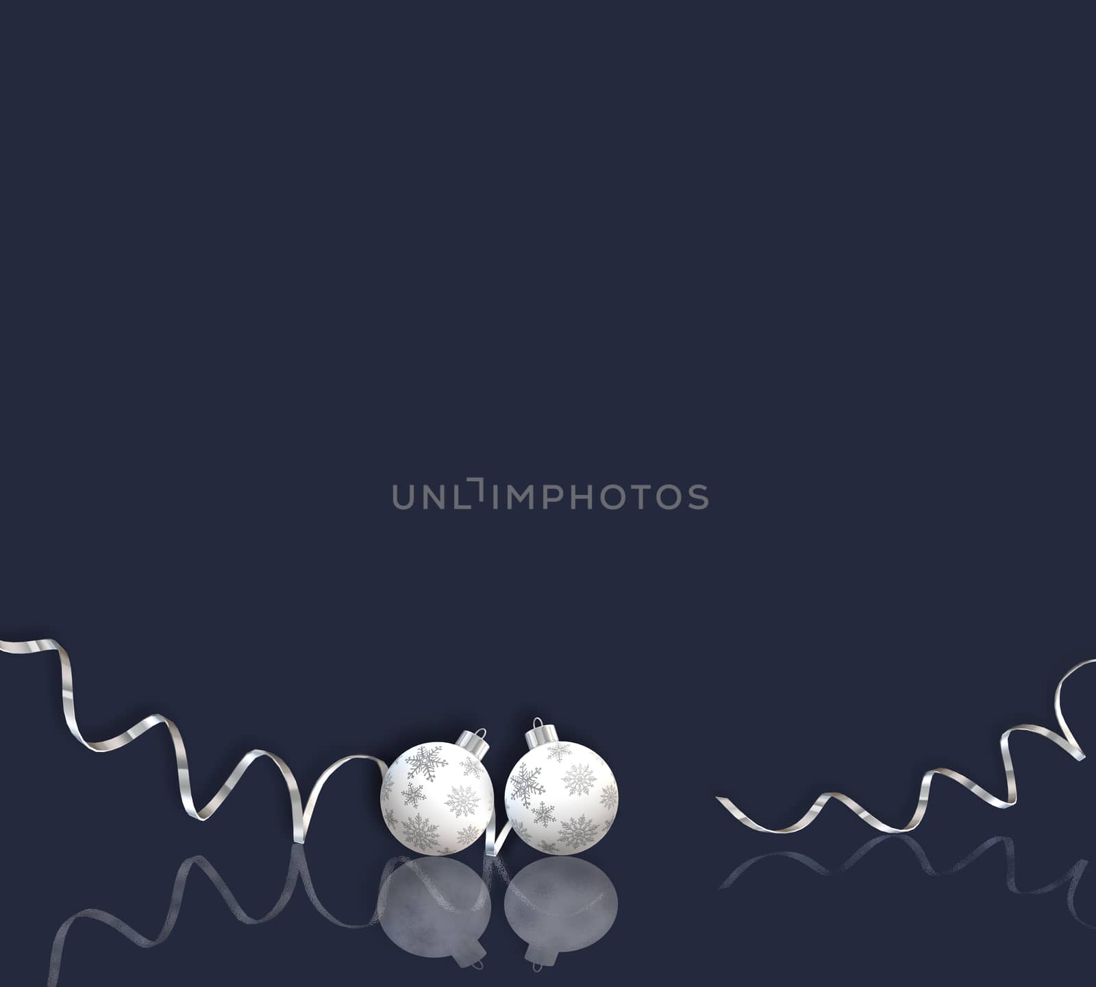 Christmas silver symbols. Xmas balls, confetti with reflection on blue background. 3D render. Place for text