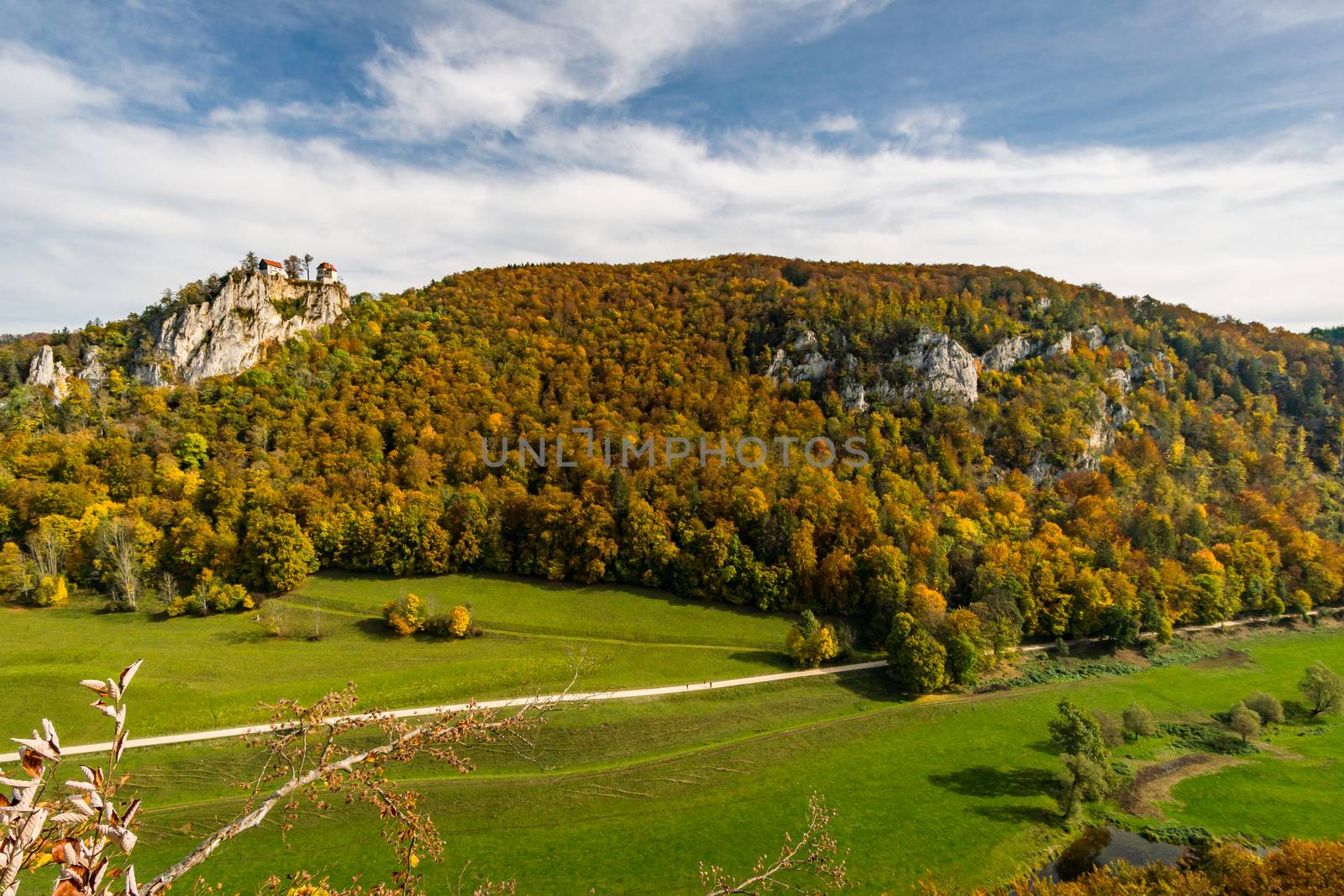 Colorful view of Bronnen Castle on the hiking trail in autumn in the Danube Valley near Beuron in the Sigmaringen district