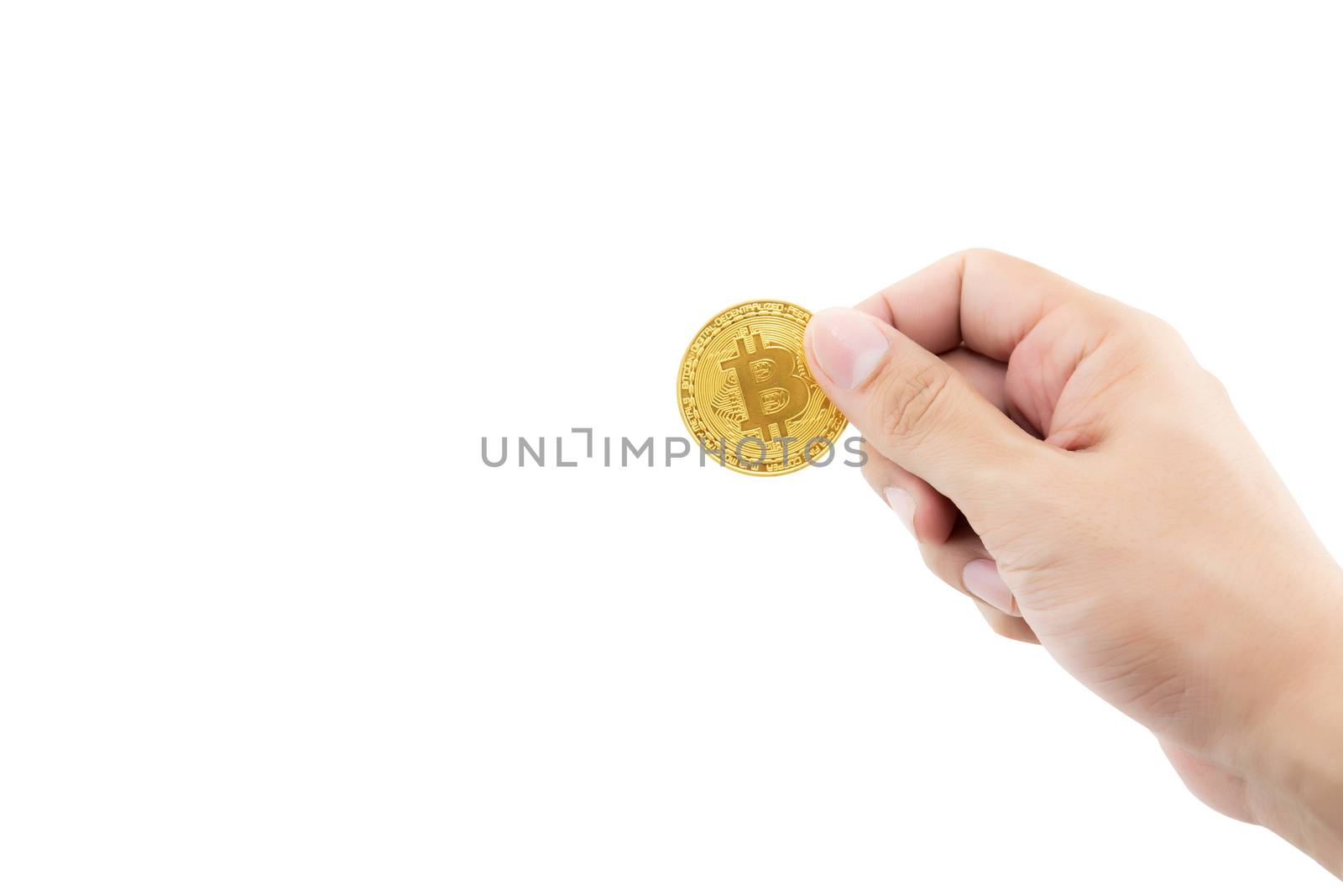 Closeup hand holding gold bitcoin isolated on white background, Digital currency money trading with cryptocurrency, coin with profit, finance concept.
